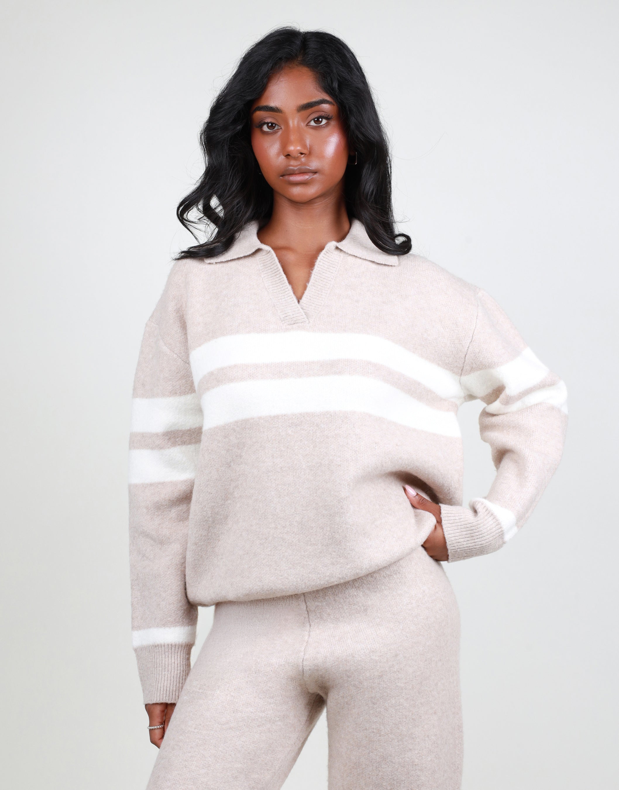 Soft Knit Collar Stripe Jumper in oatmeal | SIMMI London