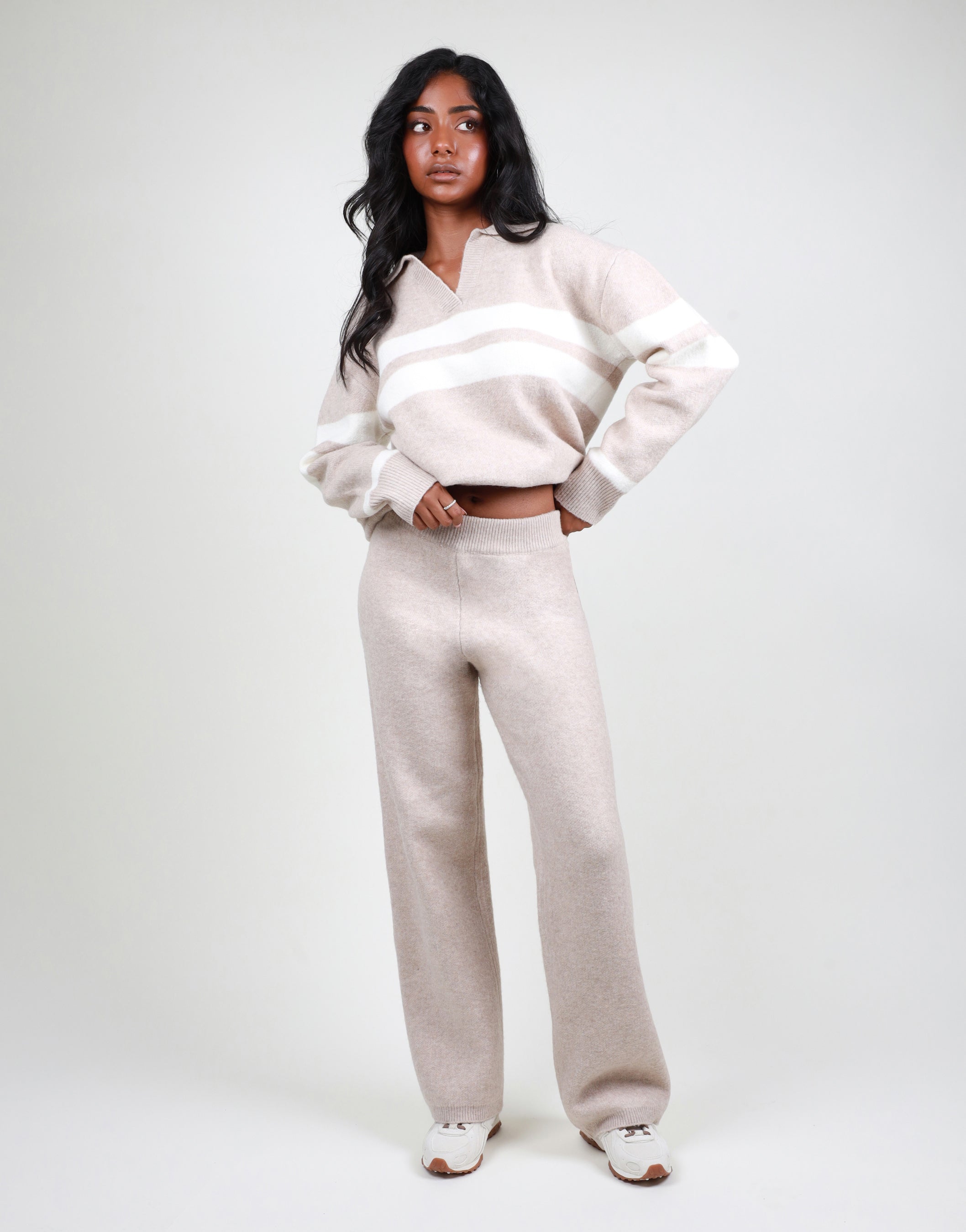 Soft Flared Knit trouser in oatmeal | SIMMI London