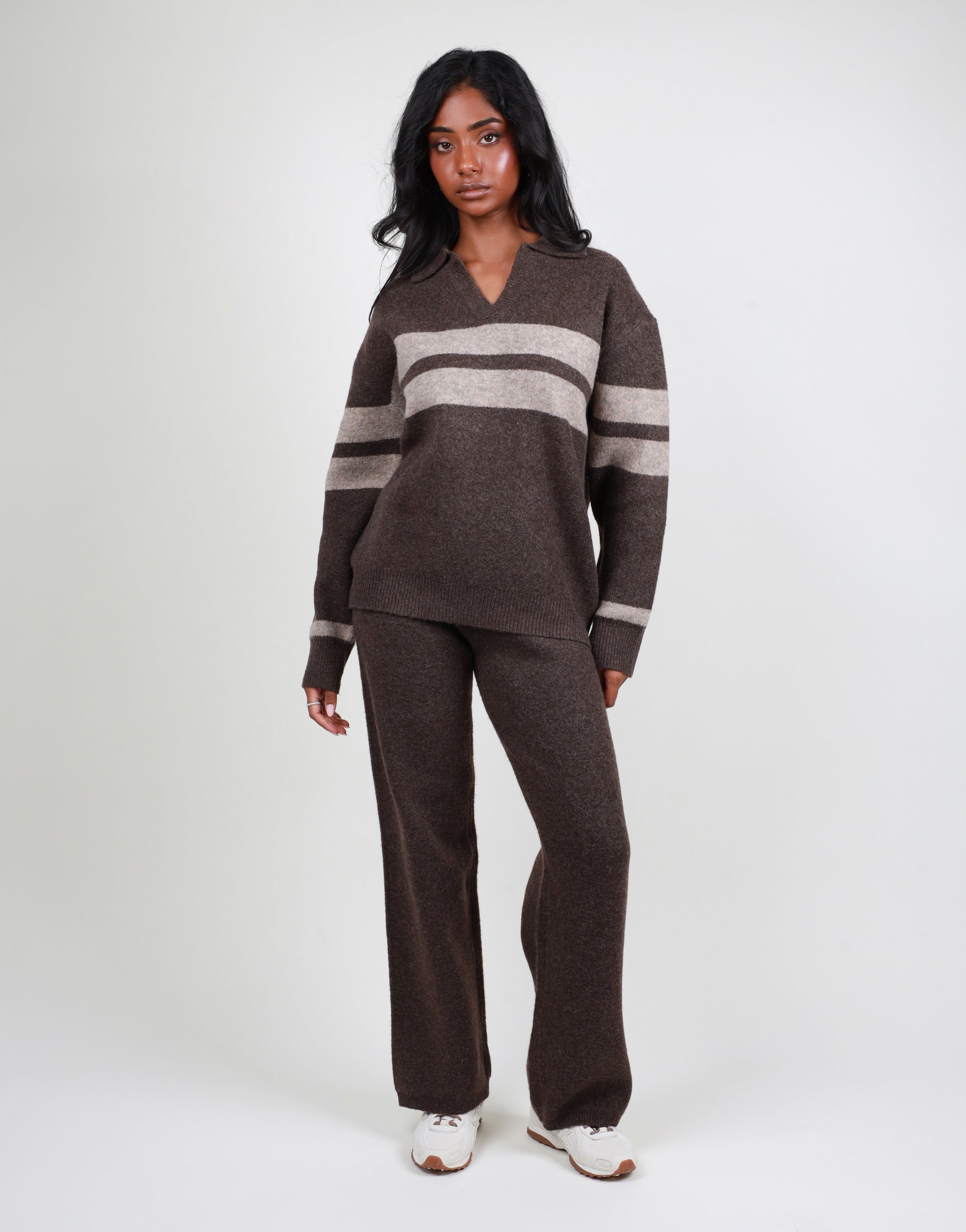Soft Knit Collar Stripe Jumper in brown | SIMMI London