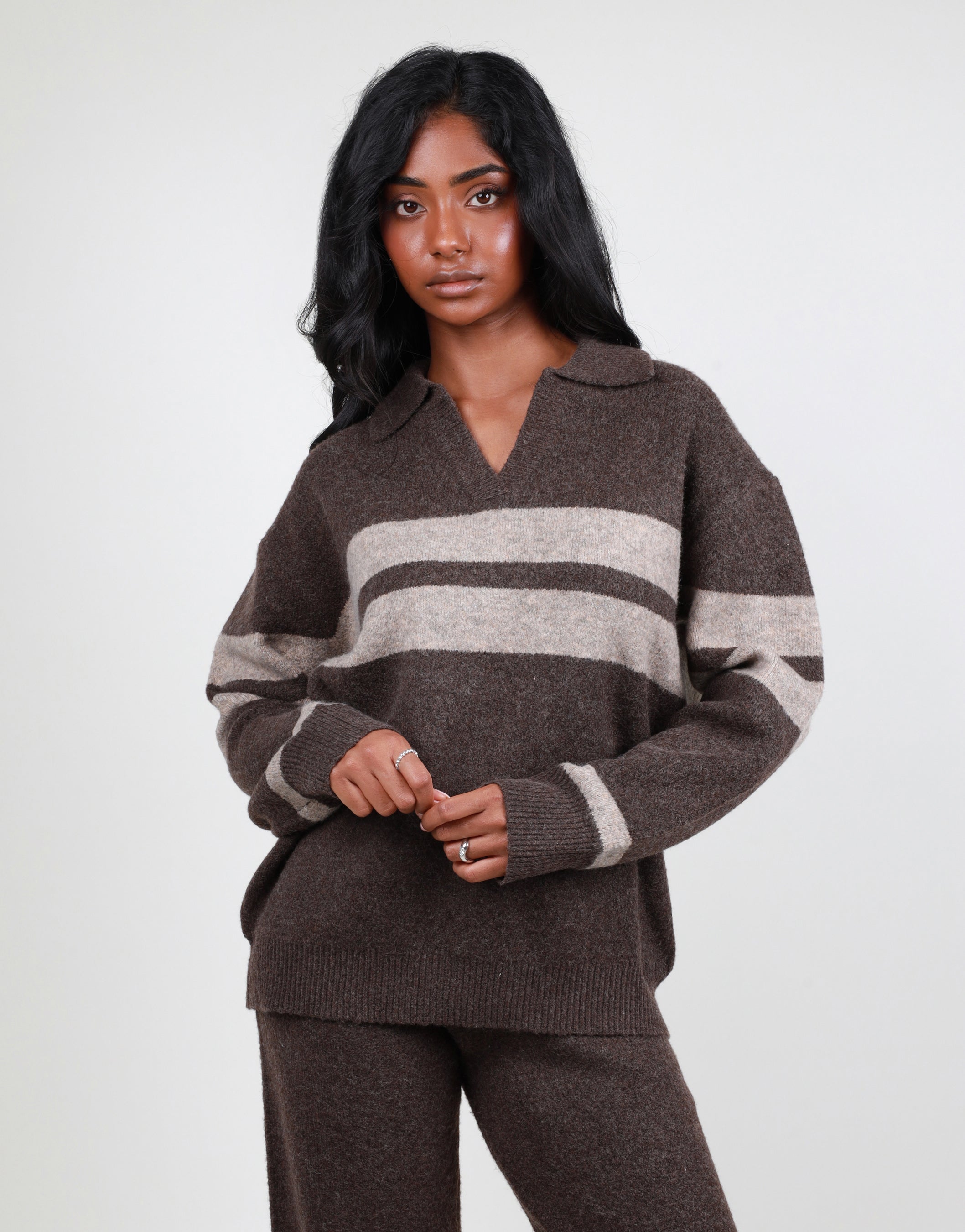 Soft Knit Collar Stripe Jumper in brown | SIMMI London
