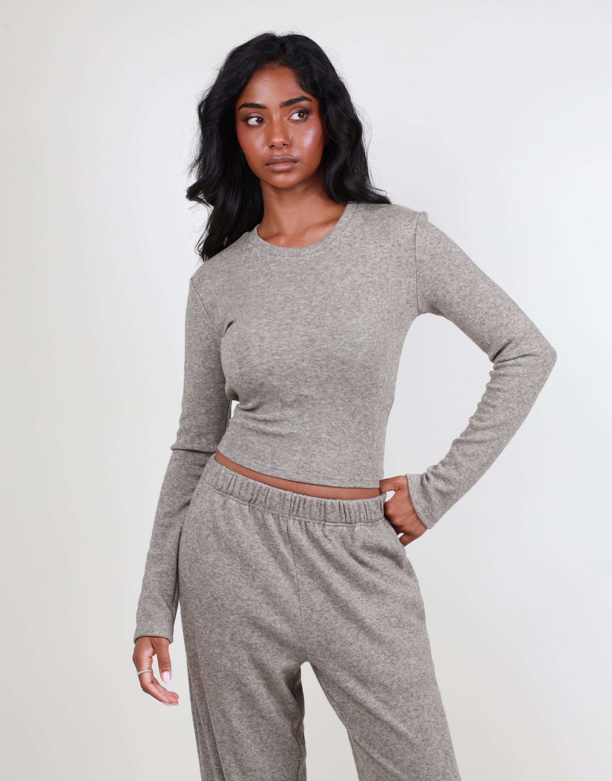 Marnie Ribbed Long Sleeve Top in Grey marl | SIMMI London