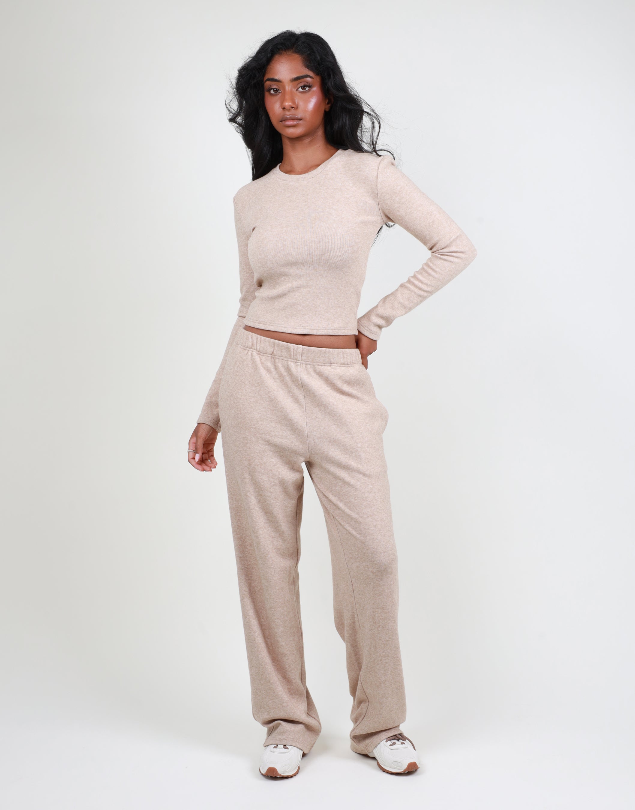Betsy Ribbed Flared Leg Trouser In Oatmeal | SIMMI London