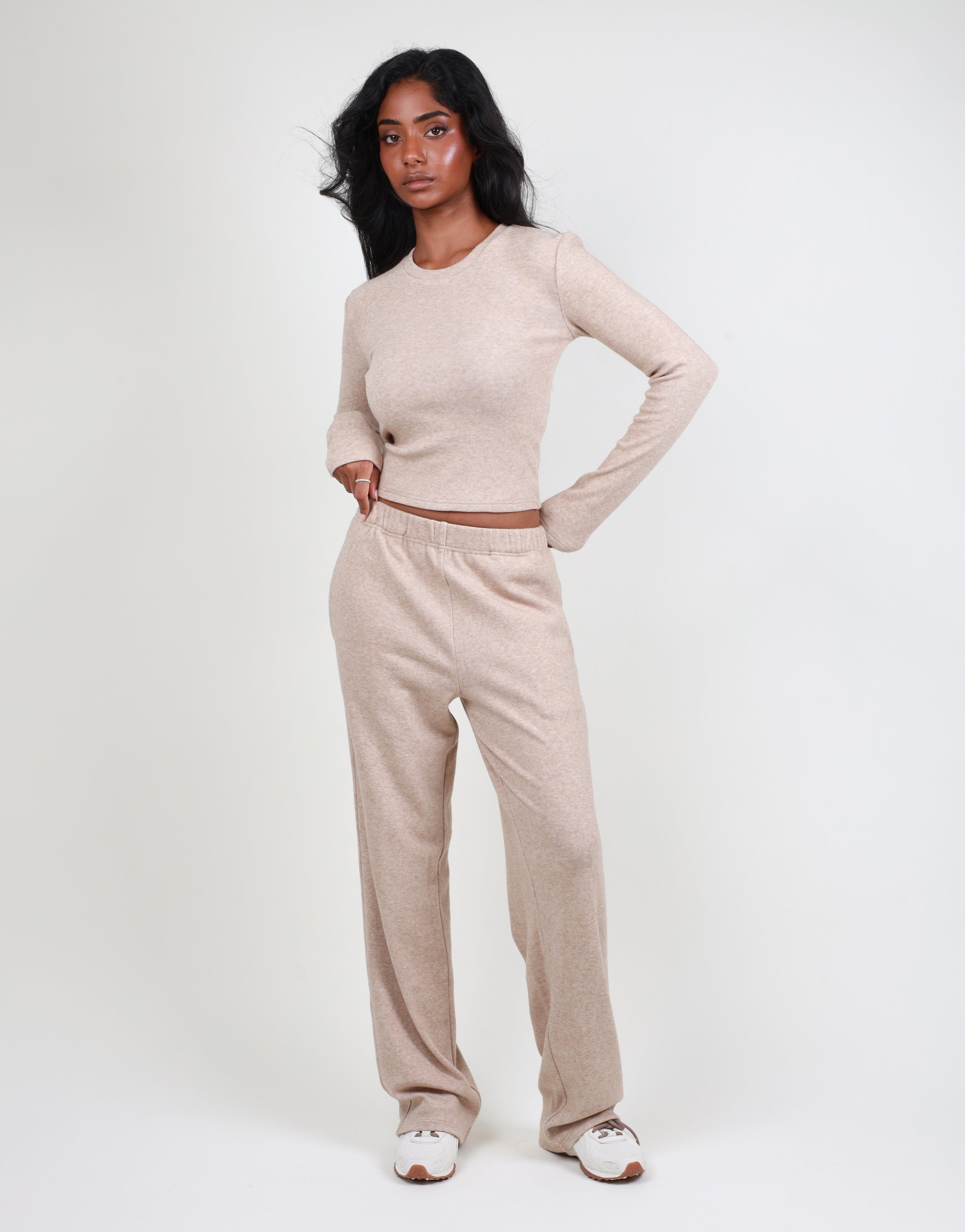 Betsy Ribbed Flared Leg Trouser In Oatmeal | SIMMI London