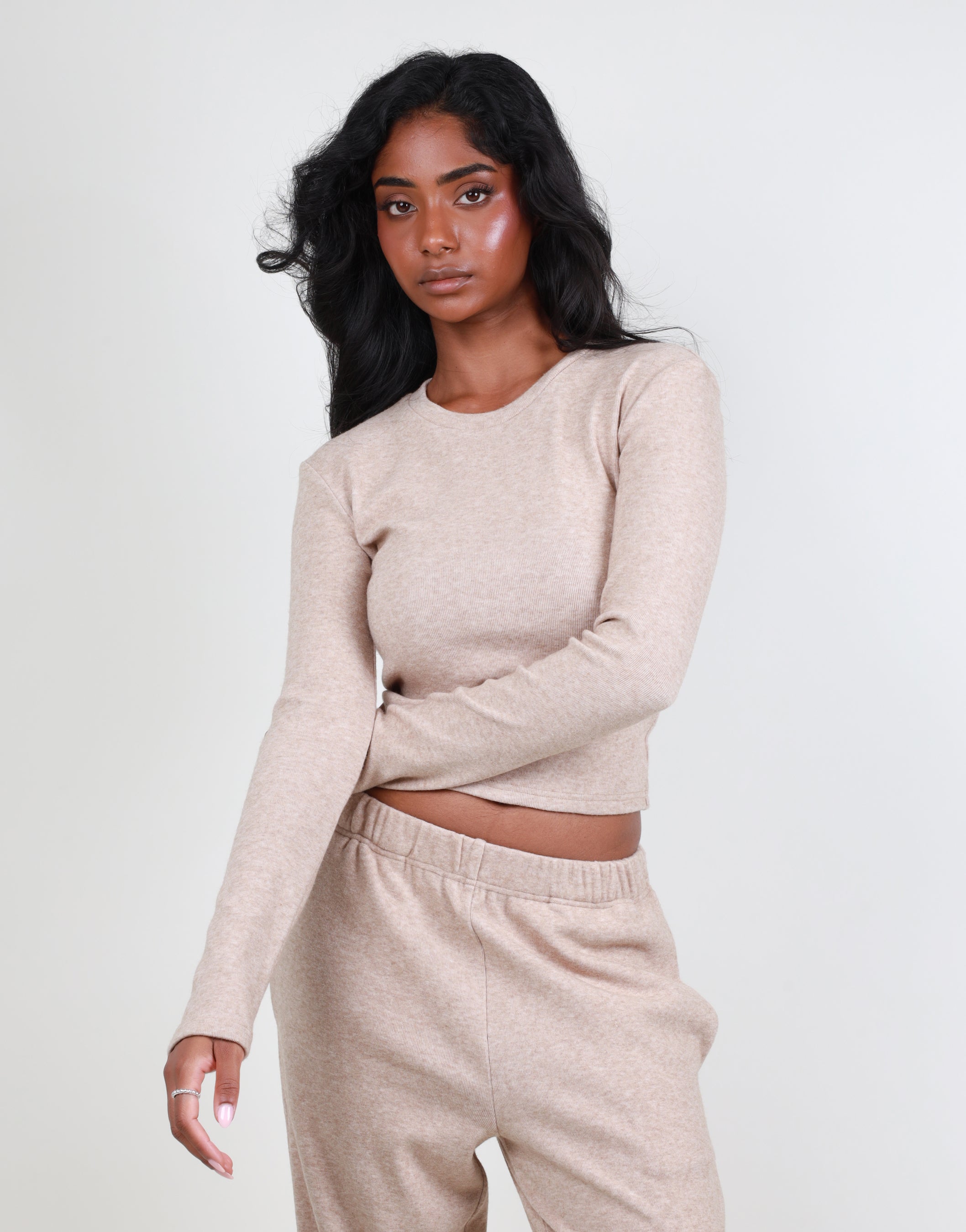 Marnie Ribbed Long Sleeve Top in Oatmeal | SIMMI London