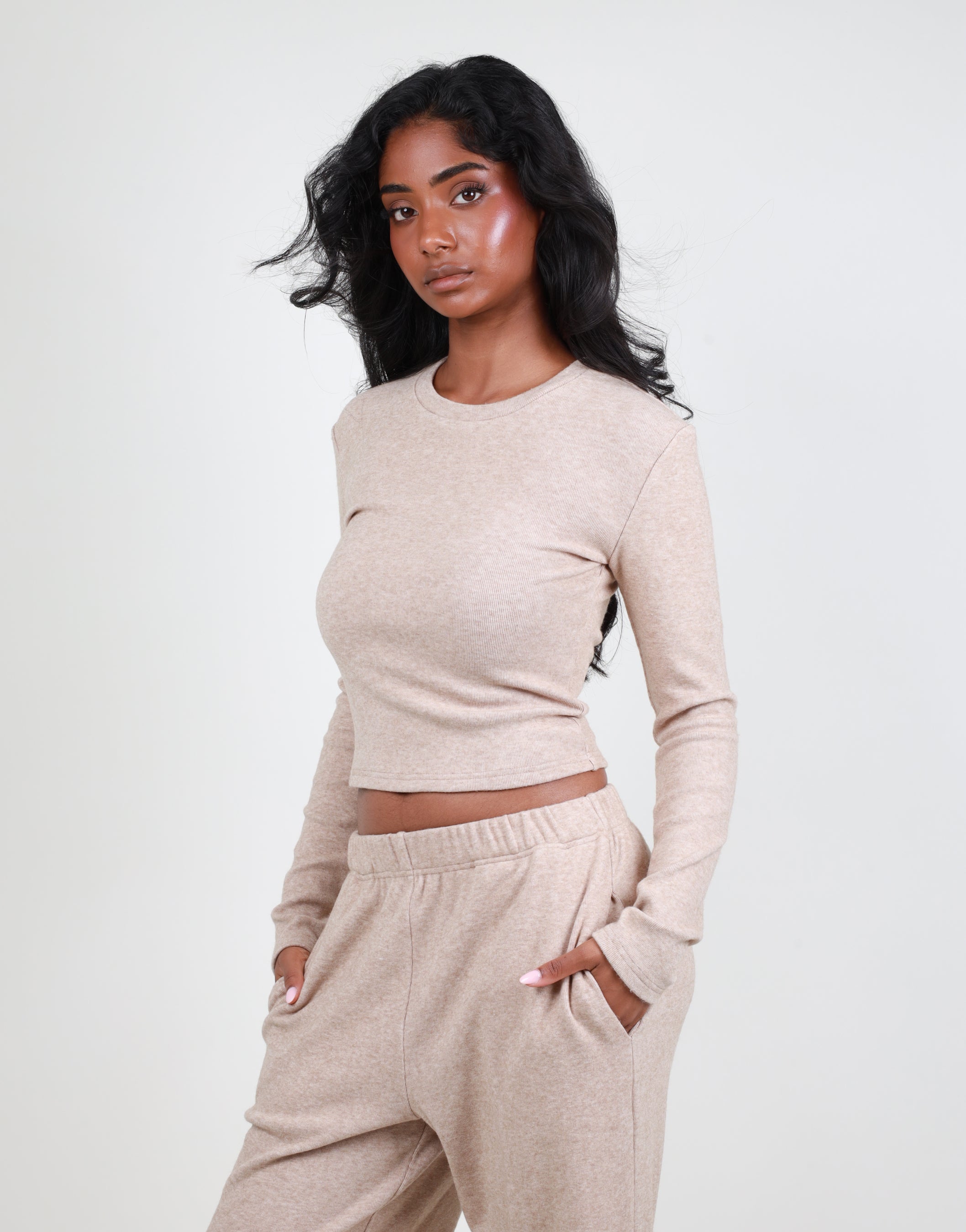 Marnie Ribbed Long Sleeve Top in Oatmeal | SIMMI London
