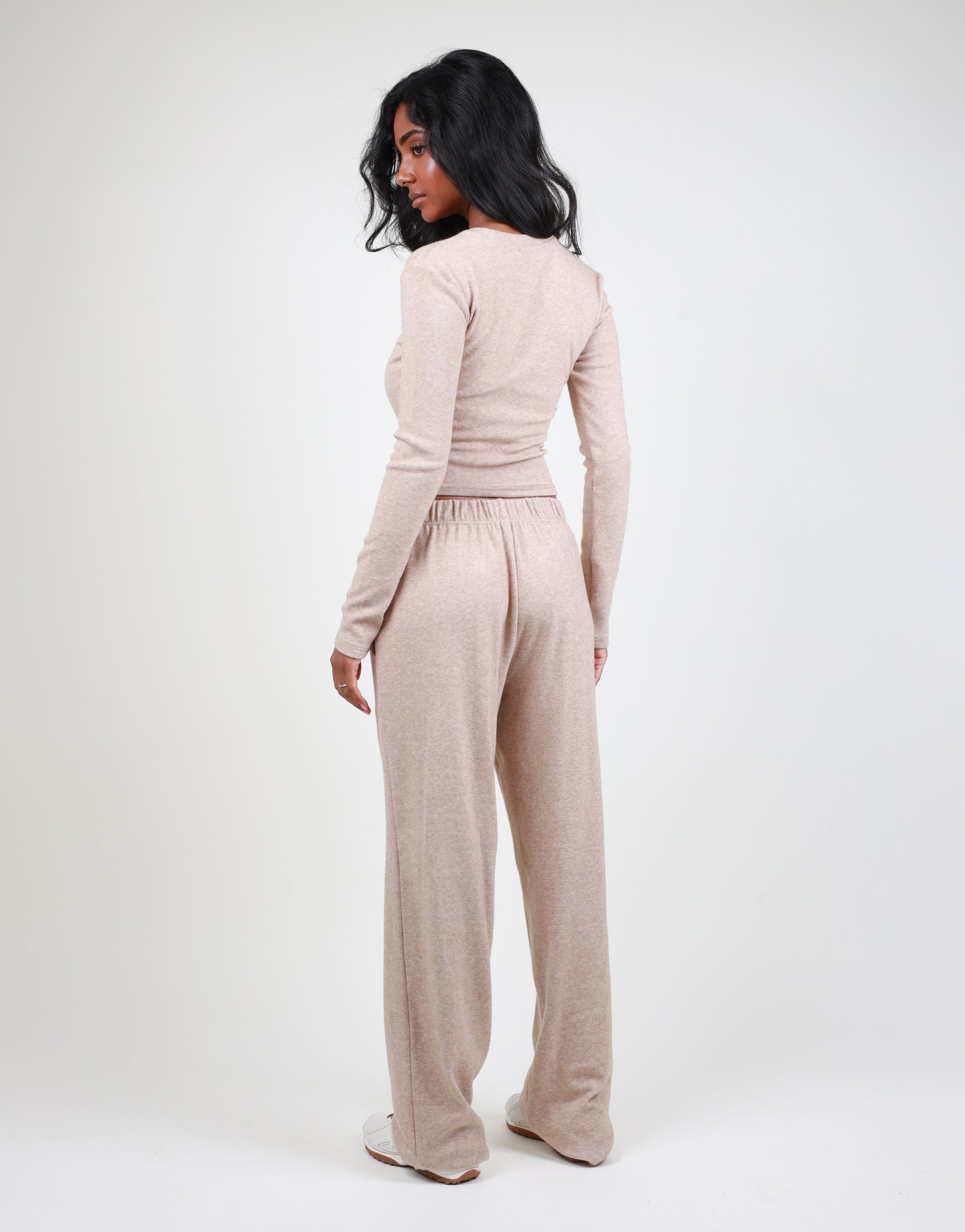 Betsy Ribbed Flared Leg Trouser In Oatmeal