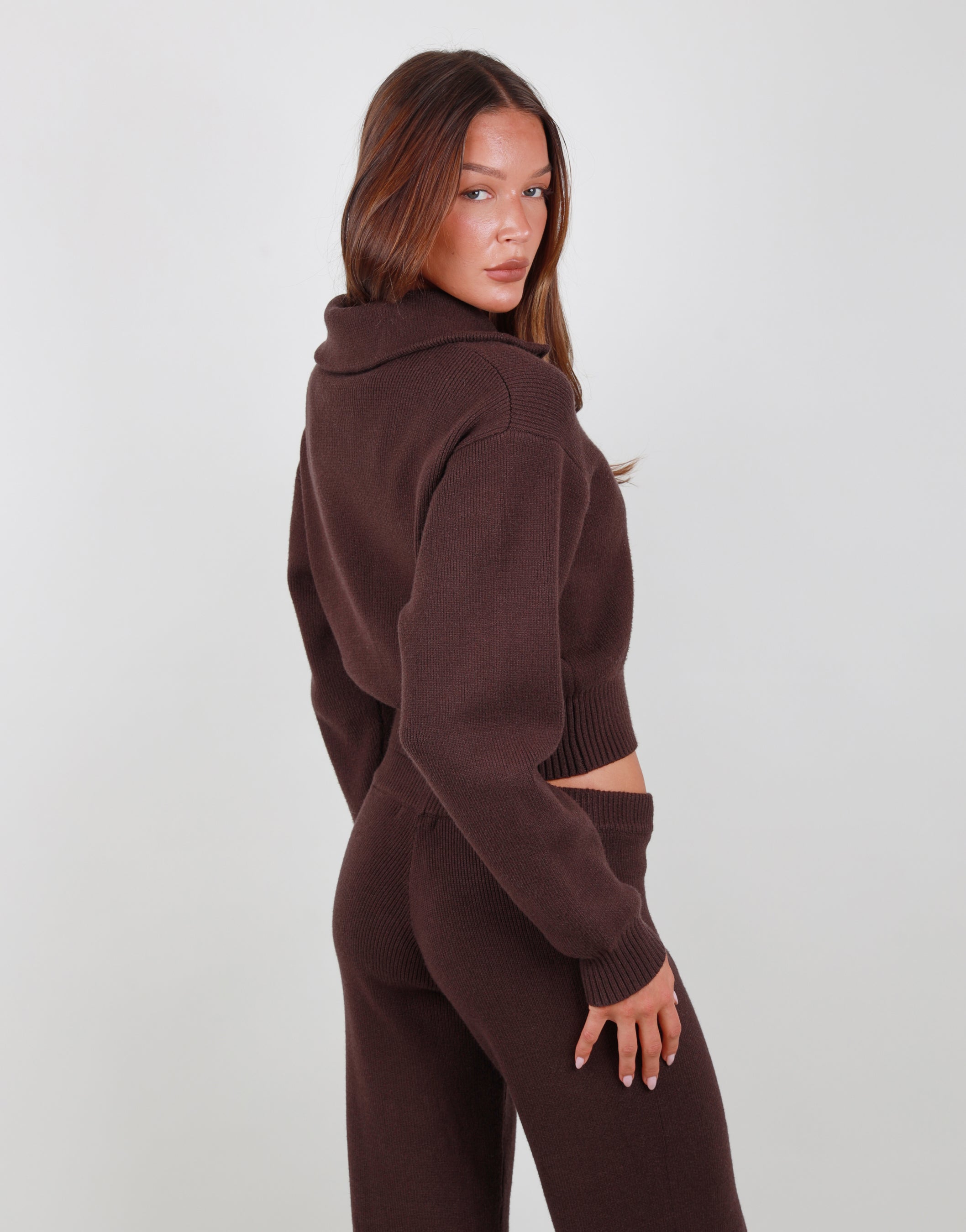 Estelle Collared Knit Zip through in brown | SIMMI London