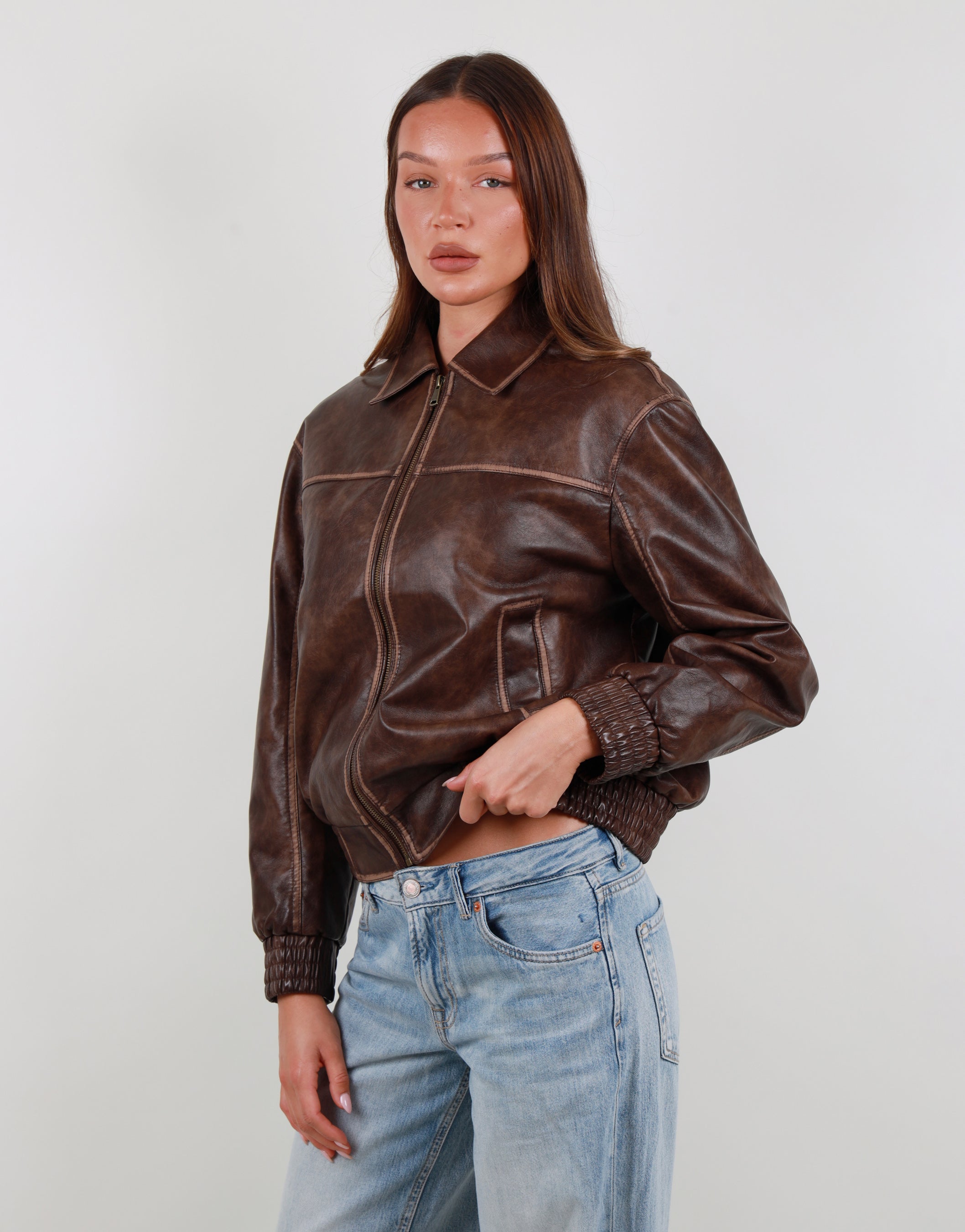 Thea Collar Leather Jacket in Light brown