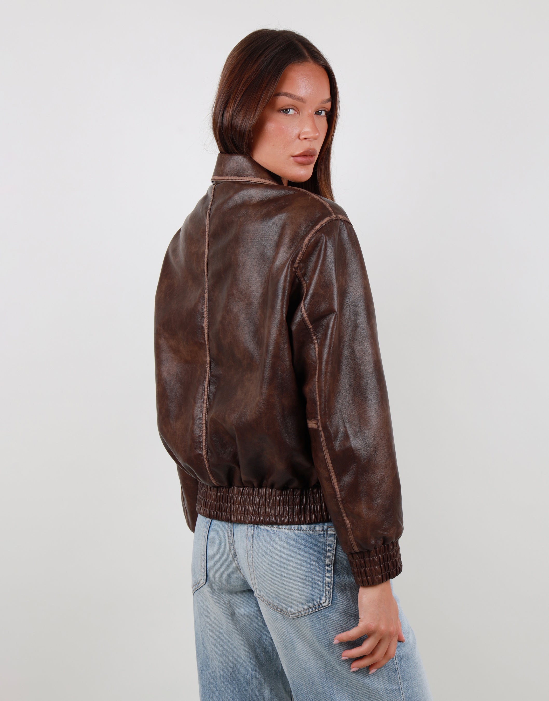 Thea Collar Leather Jacket in Light brown