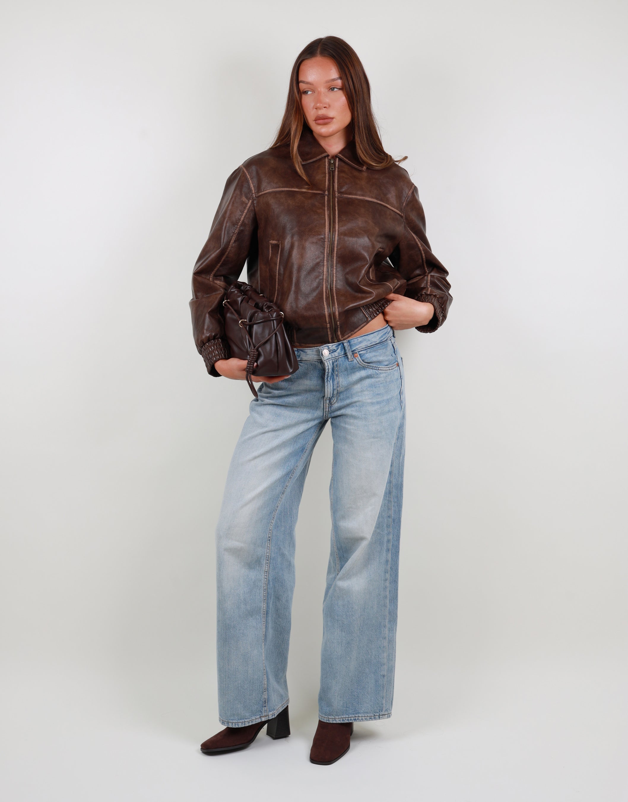 Thea Collar Leather Jacket in Light brown