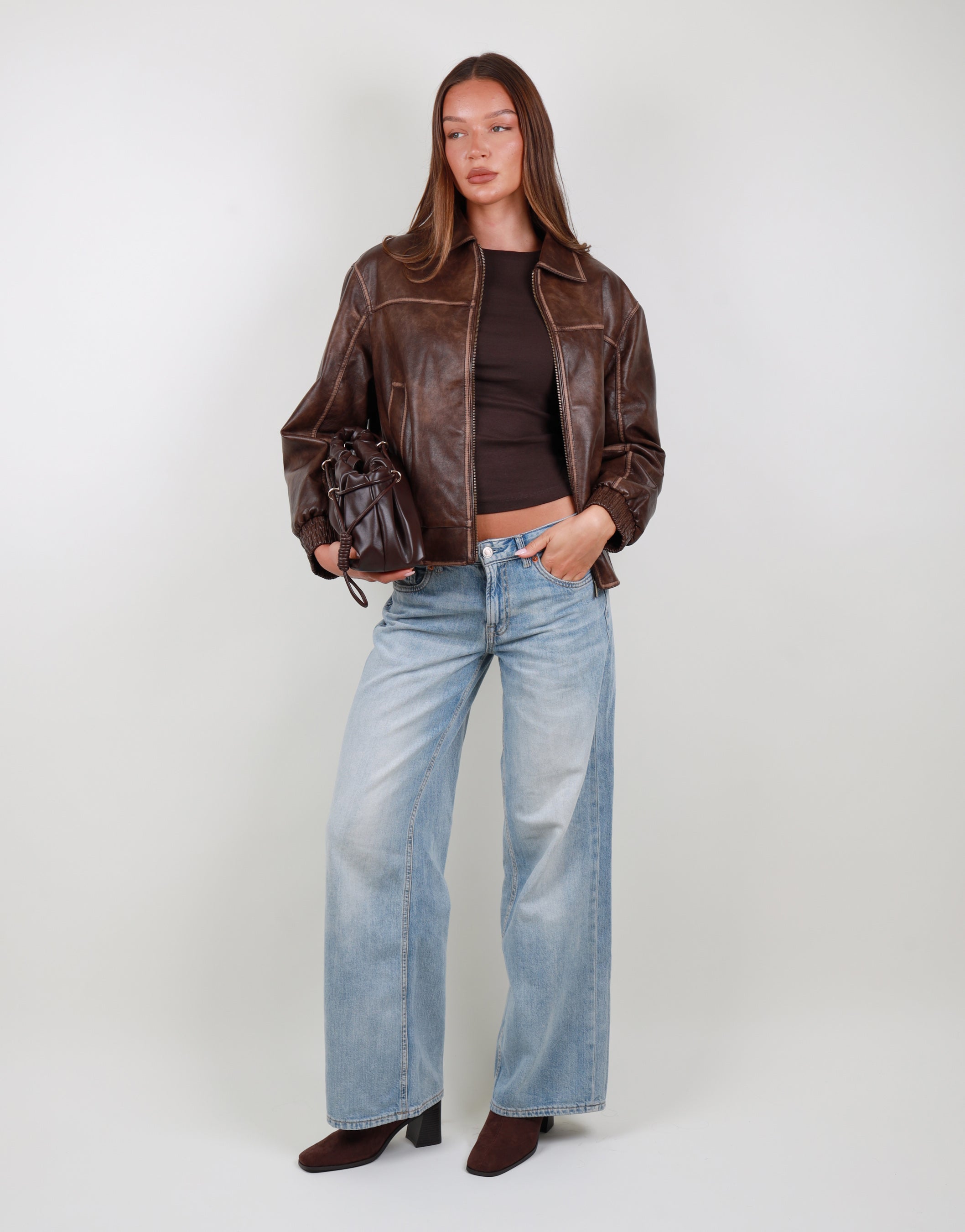 Thea Collar Leather Jacket in Light brown