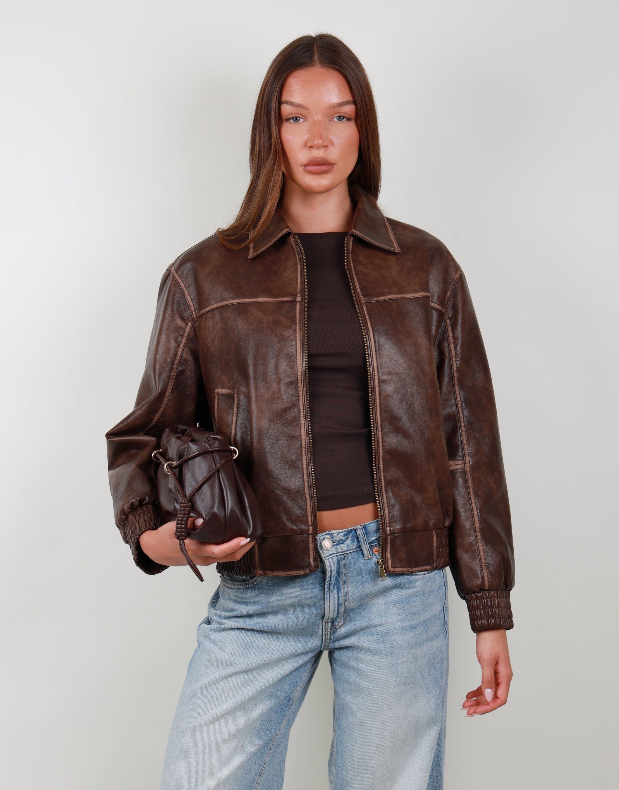 Thea Collar Leather Jacket in Light brown
