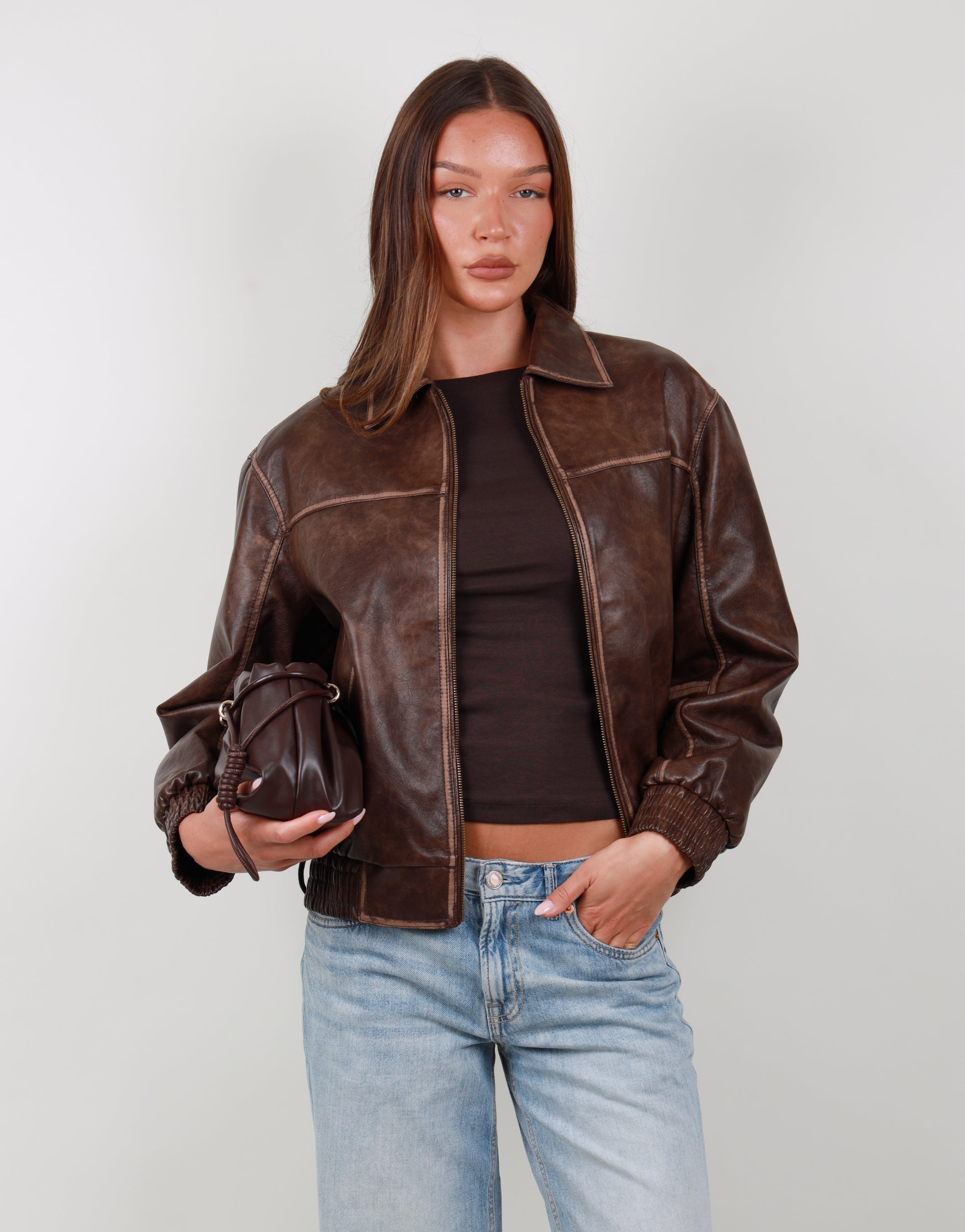 Thea Collar Leather Jacket in Light brown