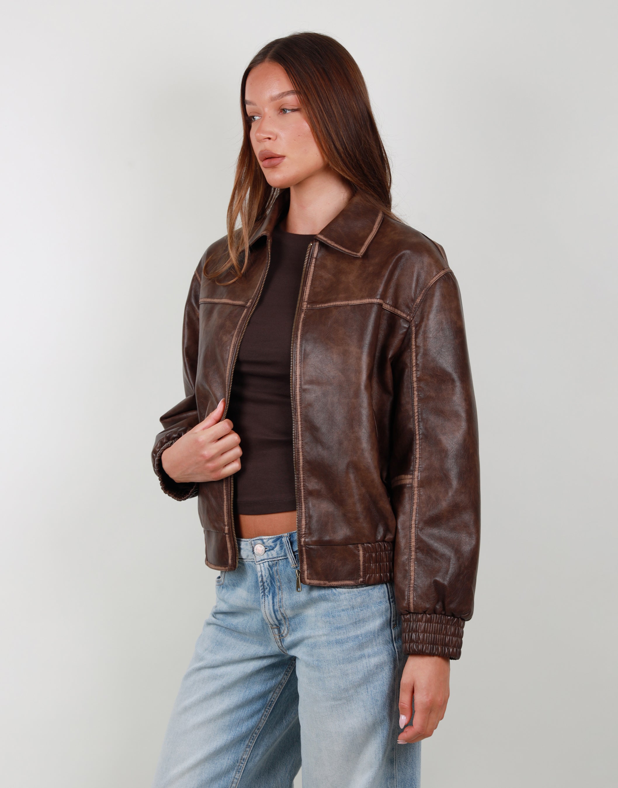 Thea Collar Leather Jacket in Light brown