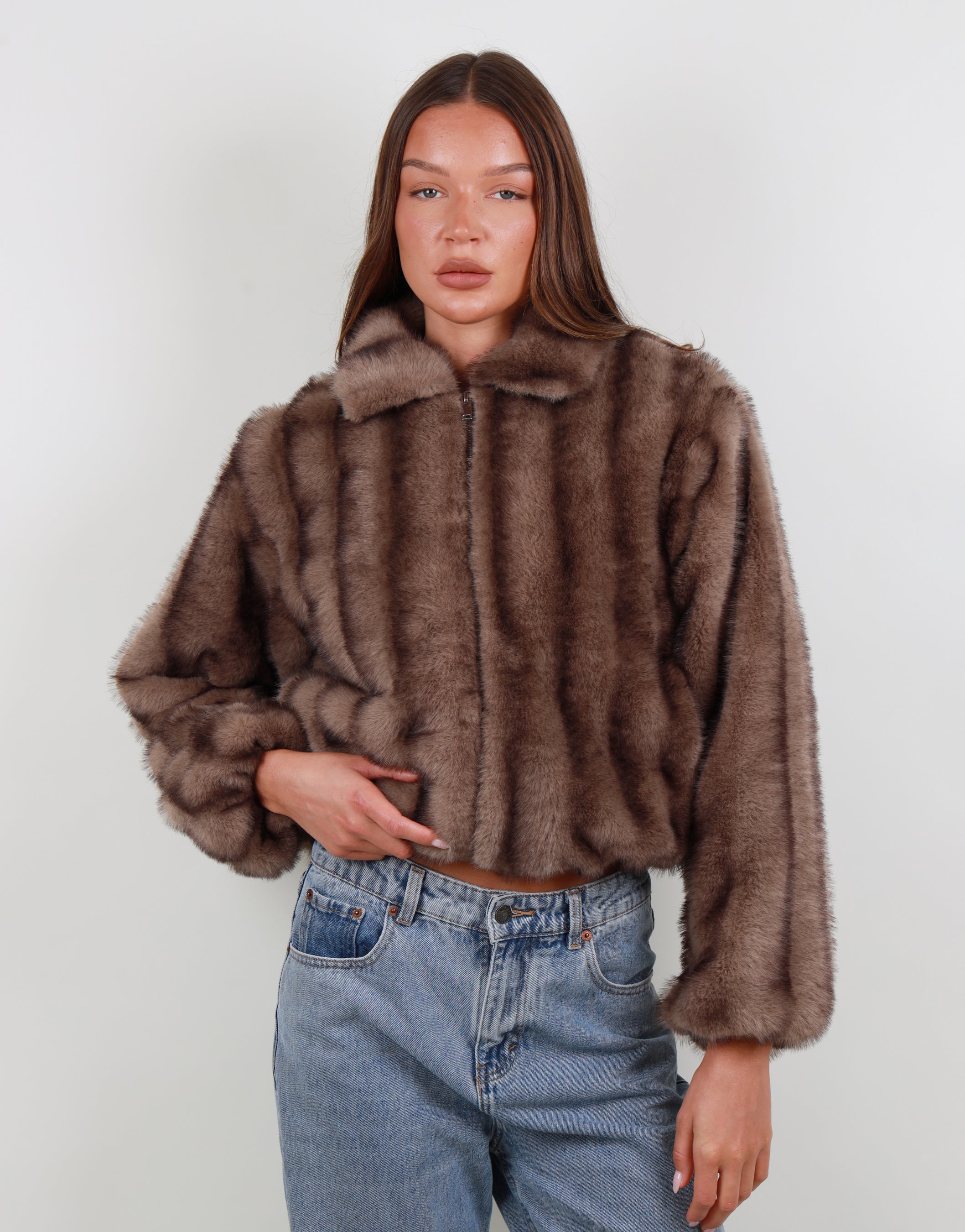 Amelie Two Tone Fur Bomber in mink