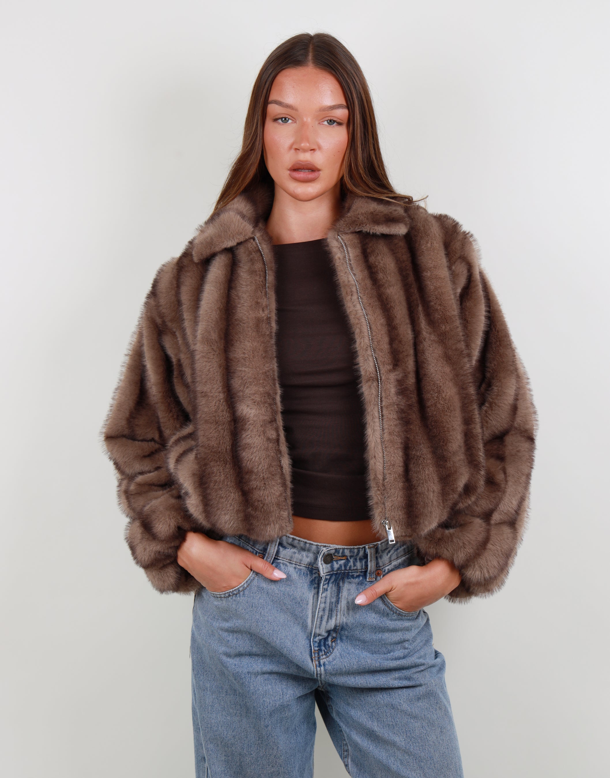 Amelie Two Tone Fur Bomber in mink