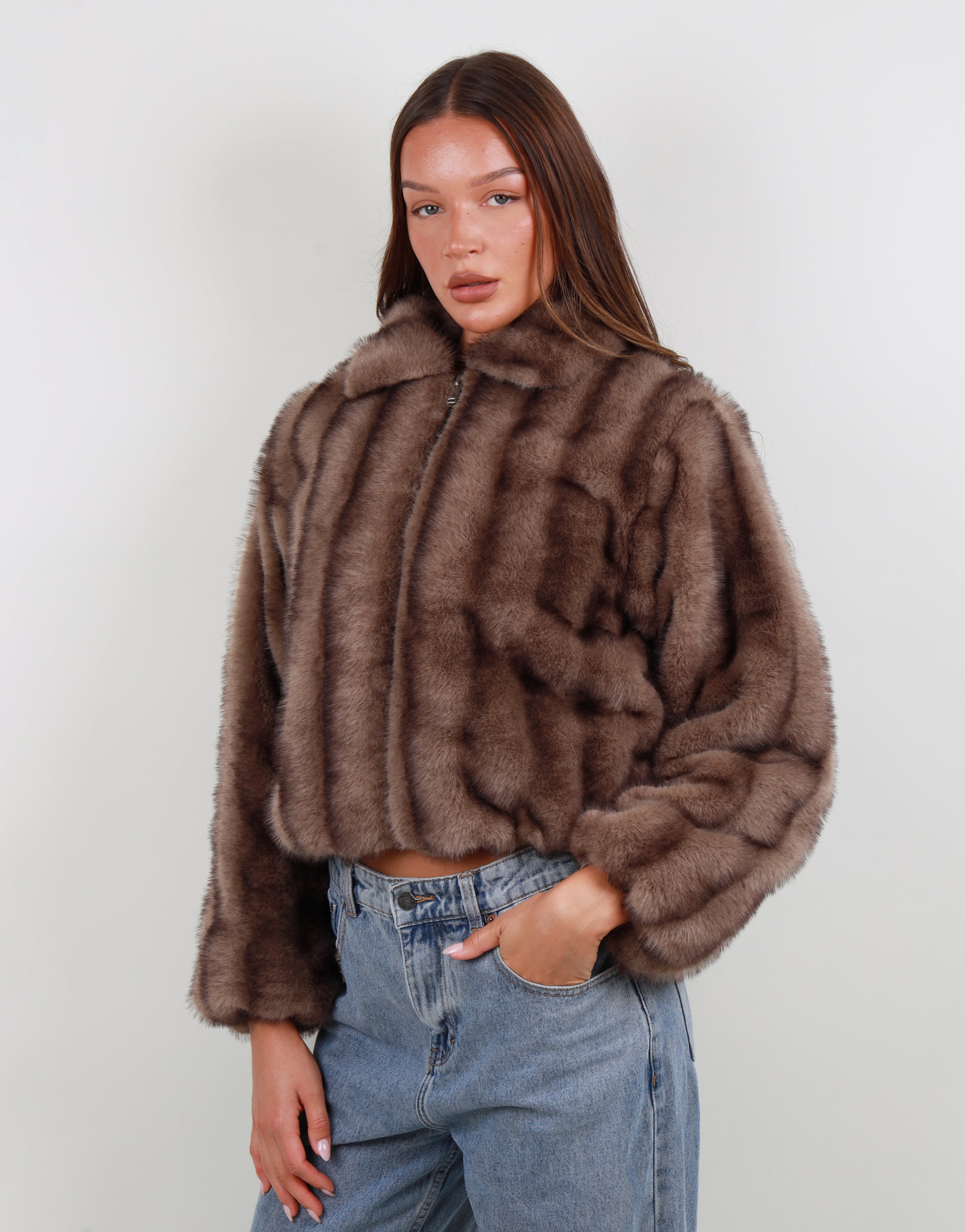 Amelie Two Tone Fur Bomber in mink