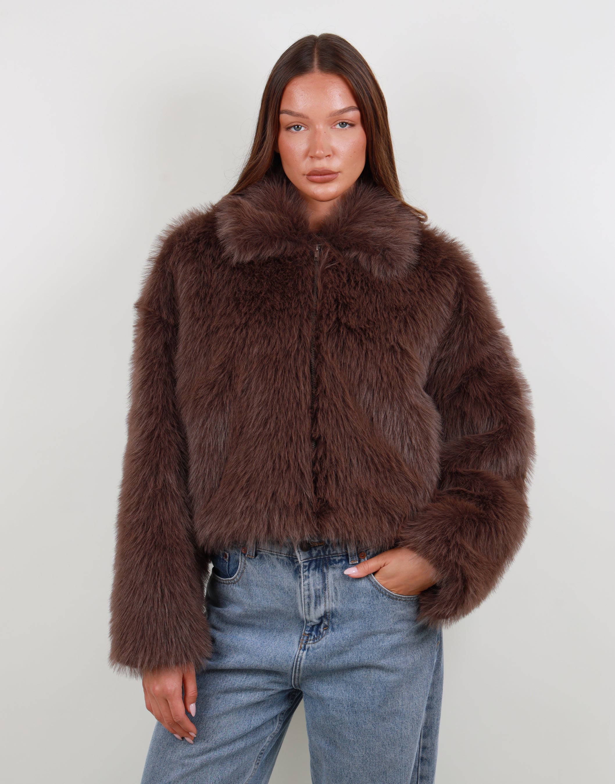 Sara Zip Through Collar Fur Coat in Brown | SIMMI London