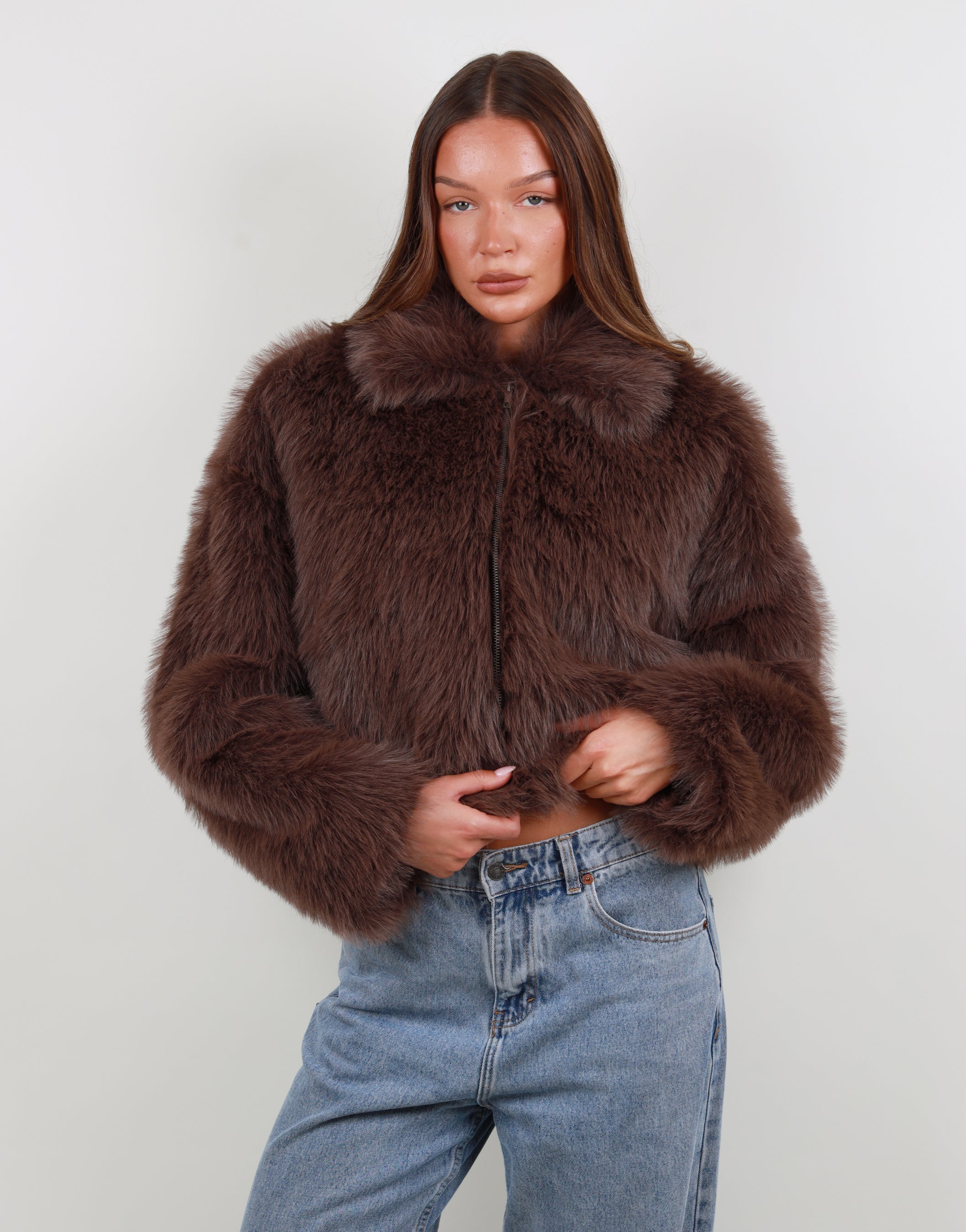 Sara Zip Through Collar Fur Coat in Brown | SIMMI London
