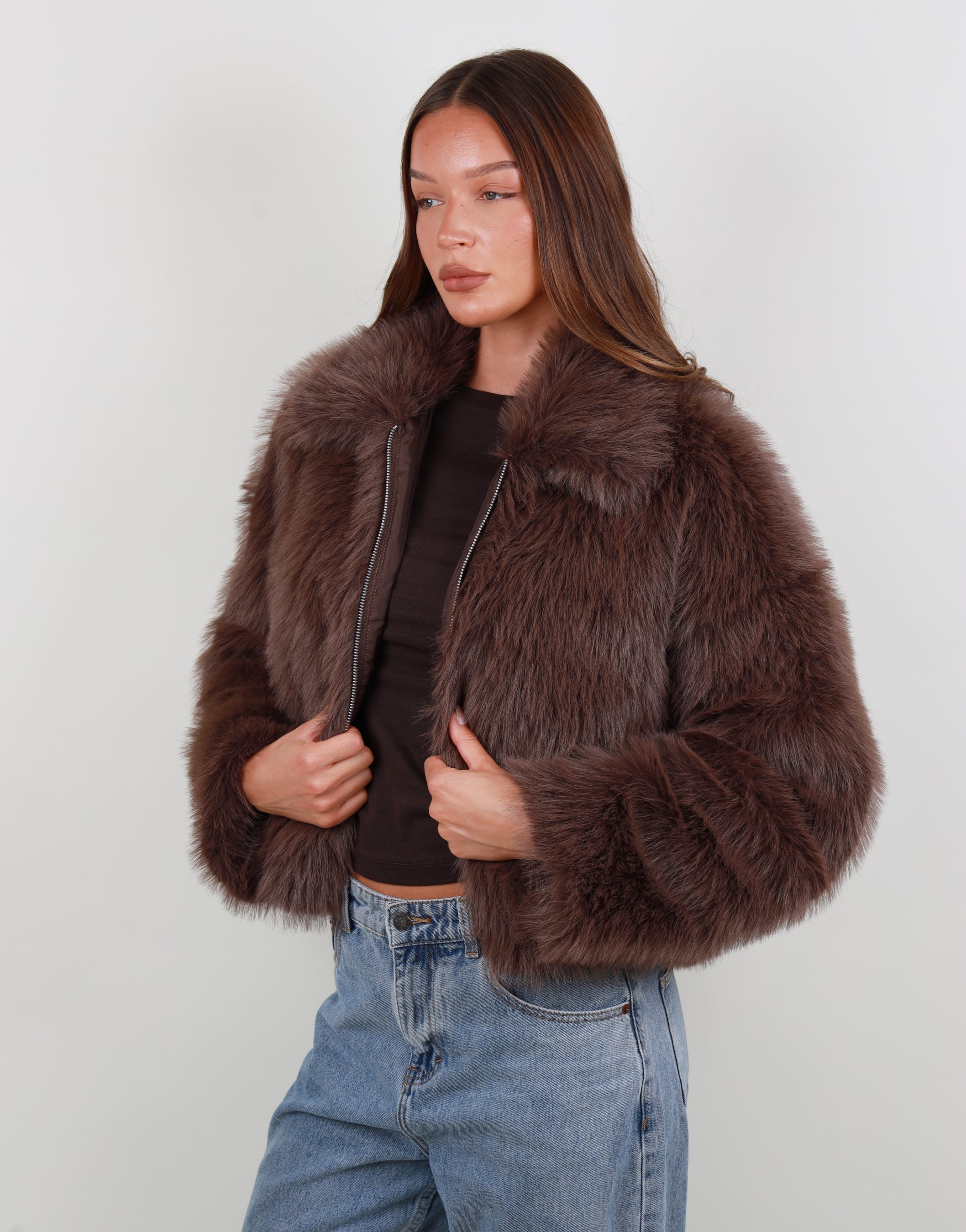 Sara Zip Through Collar Fur Coat in Brown | SIMMI London