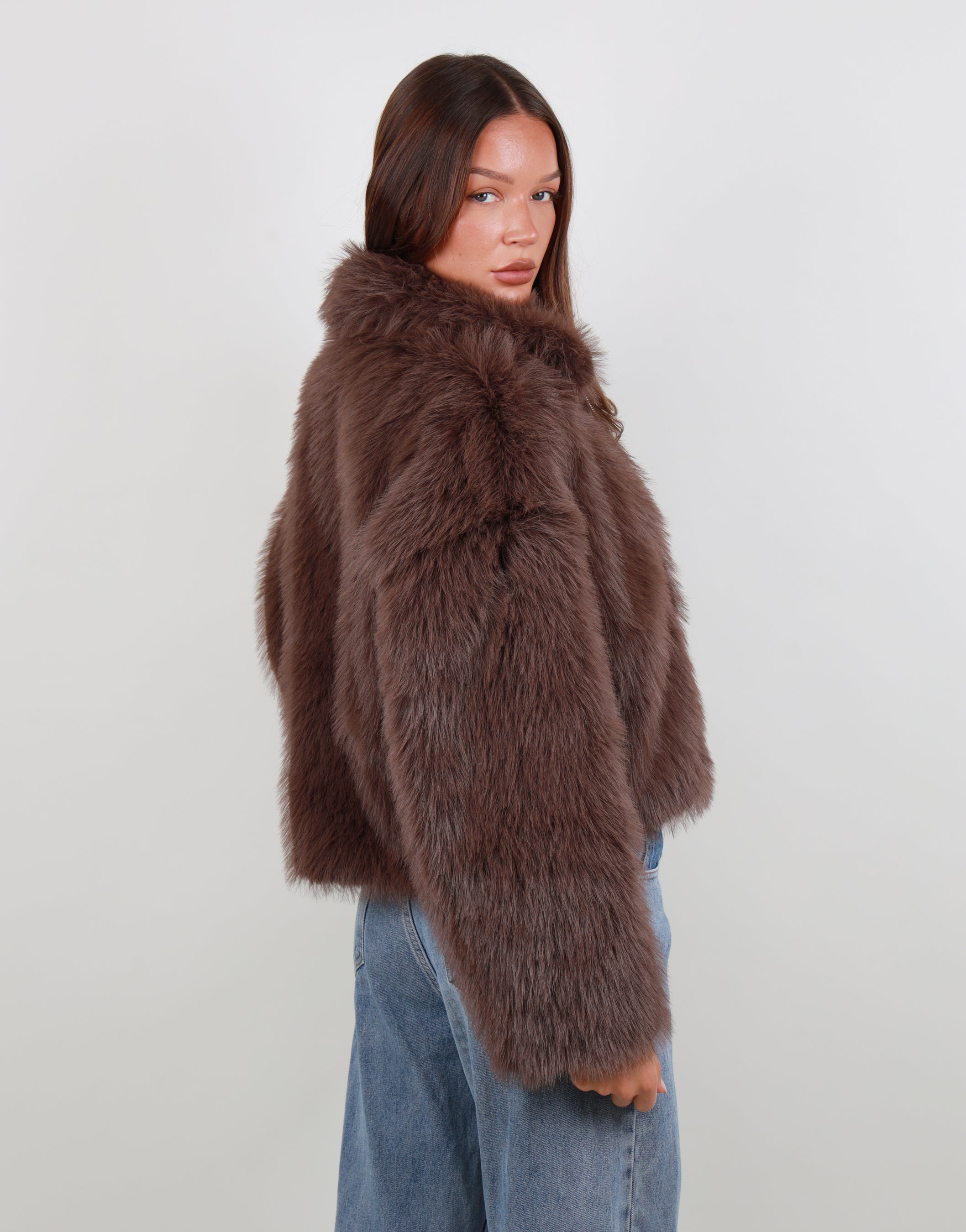 Sara Zip Through Collar Fur Coat in Brown | SIMMI London