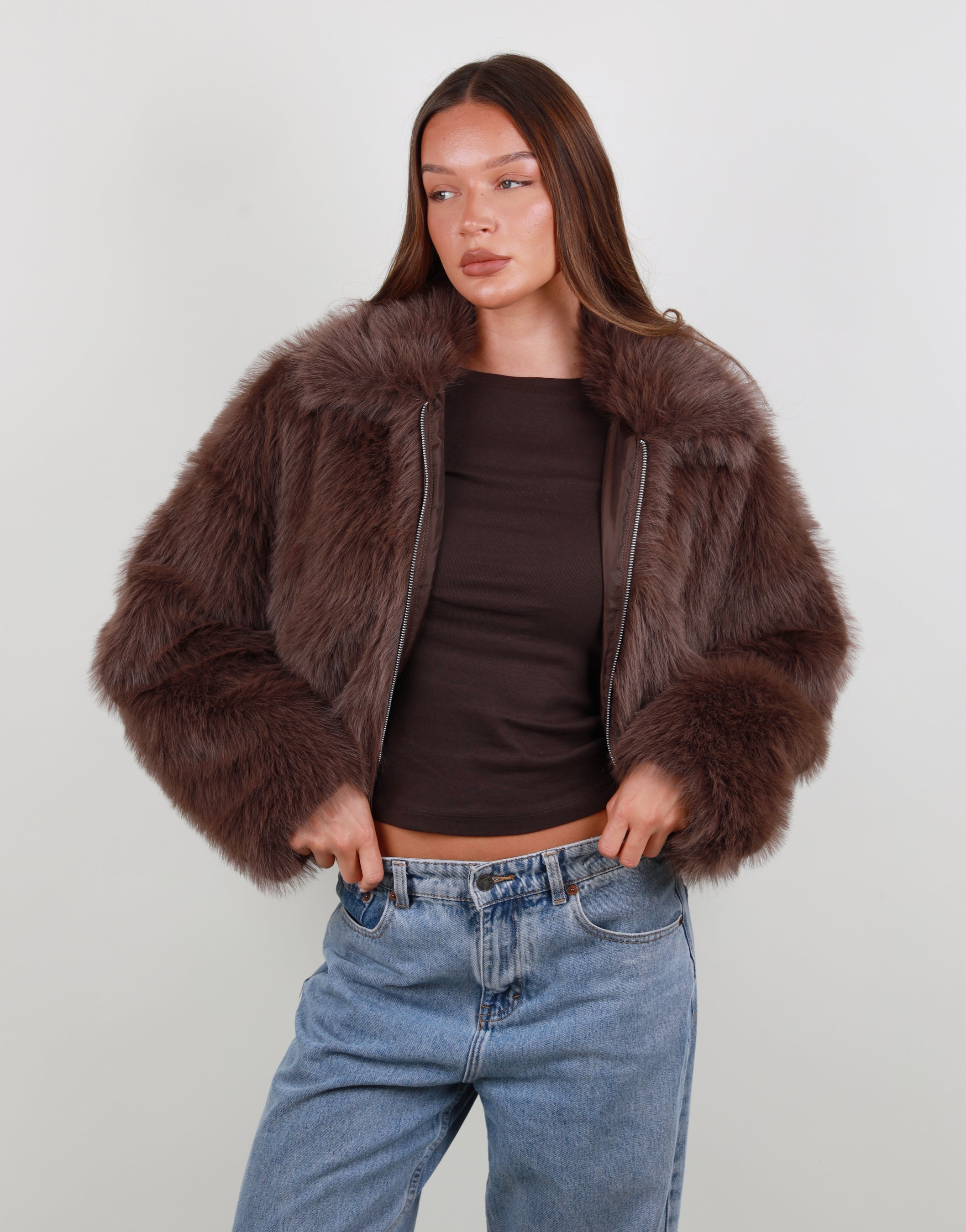 Sara Zip Through Collar Fur Coat in Brown | SIMMI London