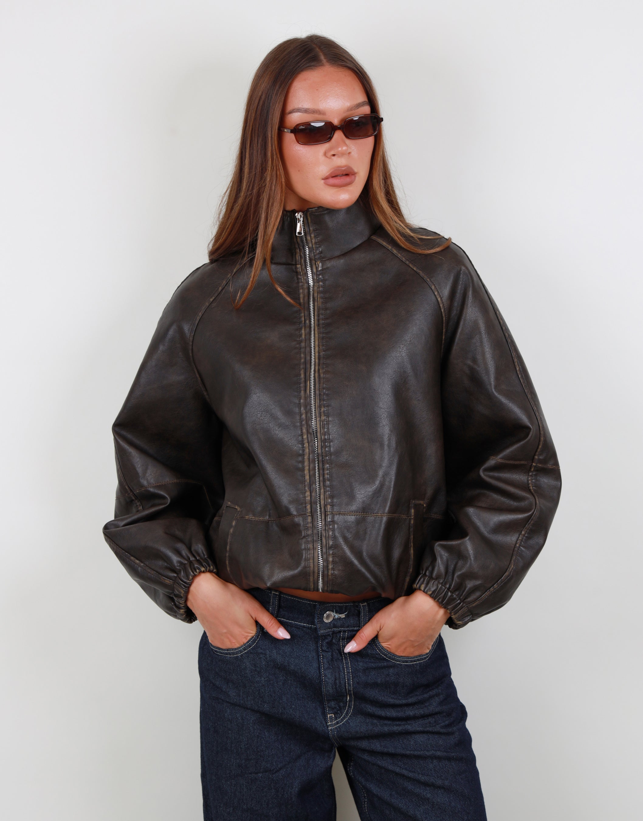 Lyra High Neck Leather Jacket in brown