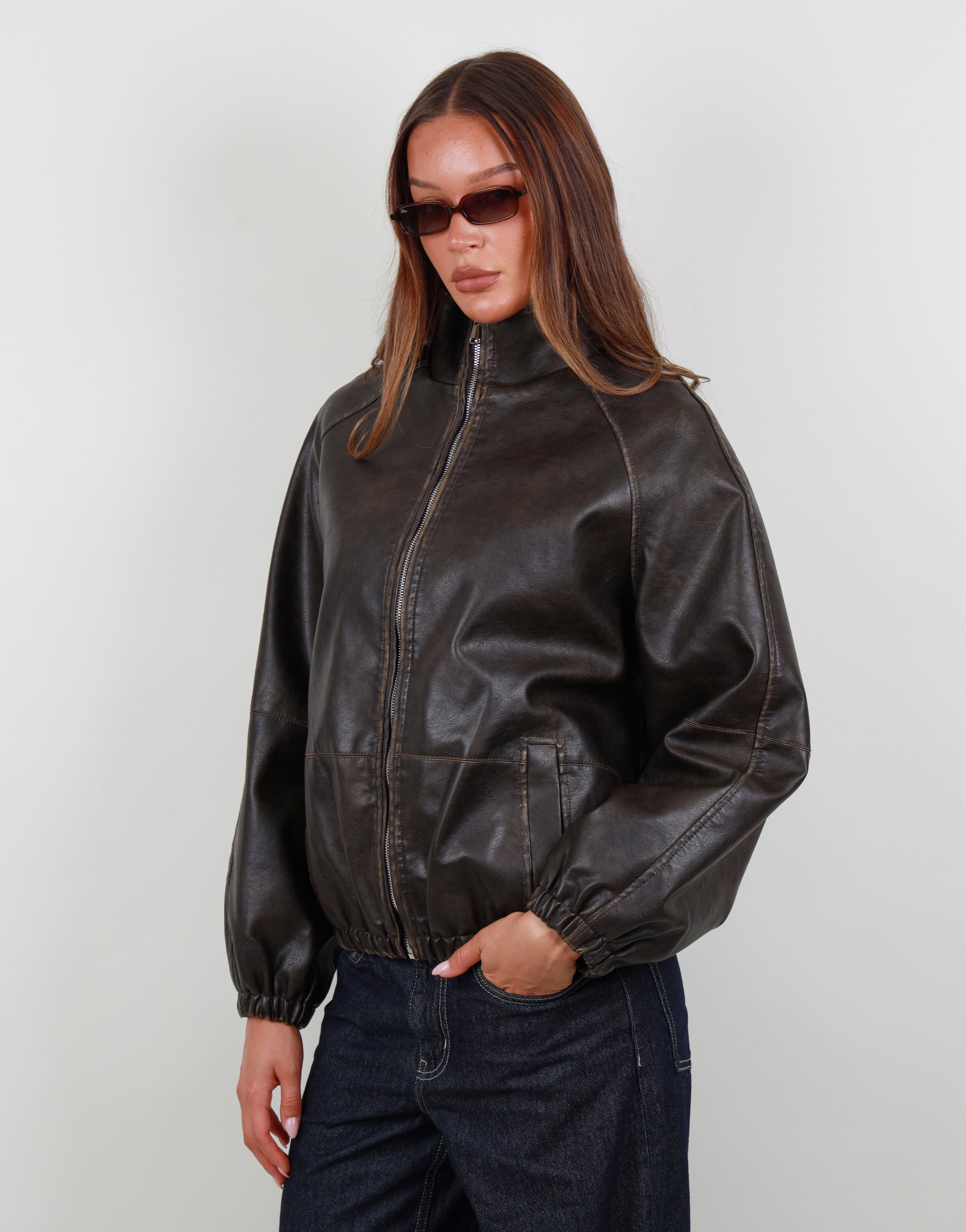 Lyra High Neck Leather Jacket in brown