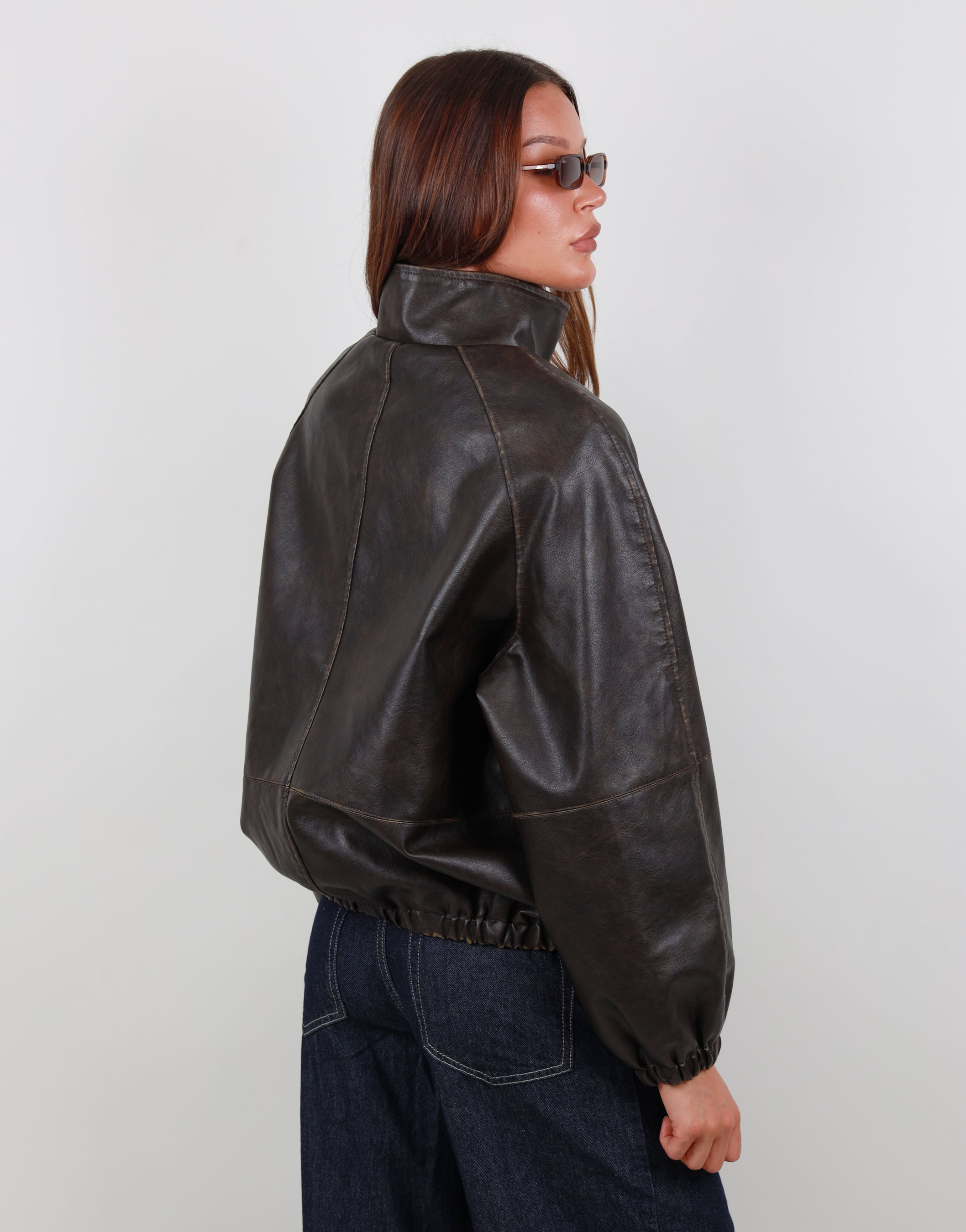 Lyra High Neck Leather Jacket in brown