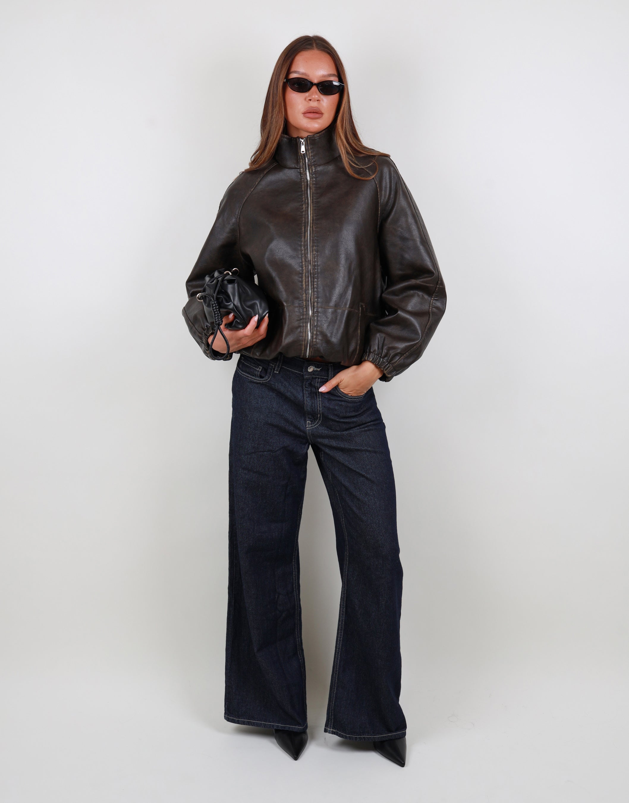 Lyra High Neck Leather Jacket in brown