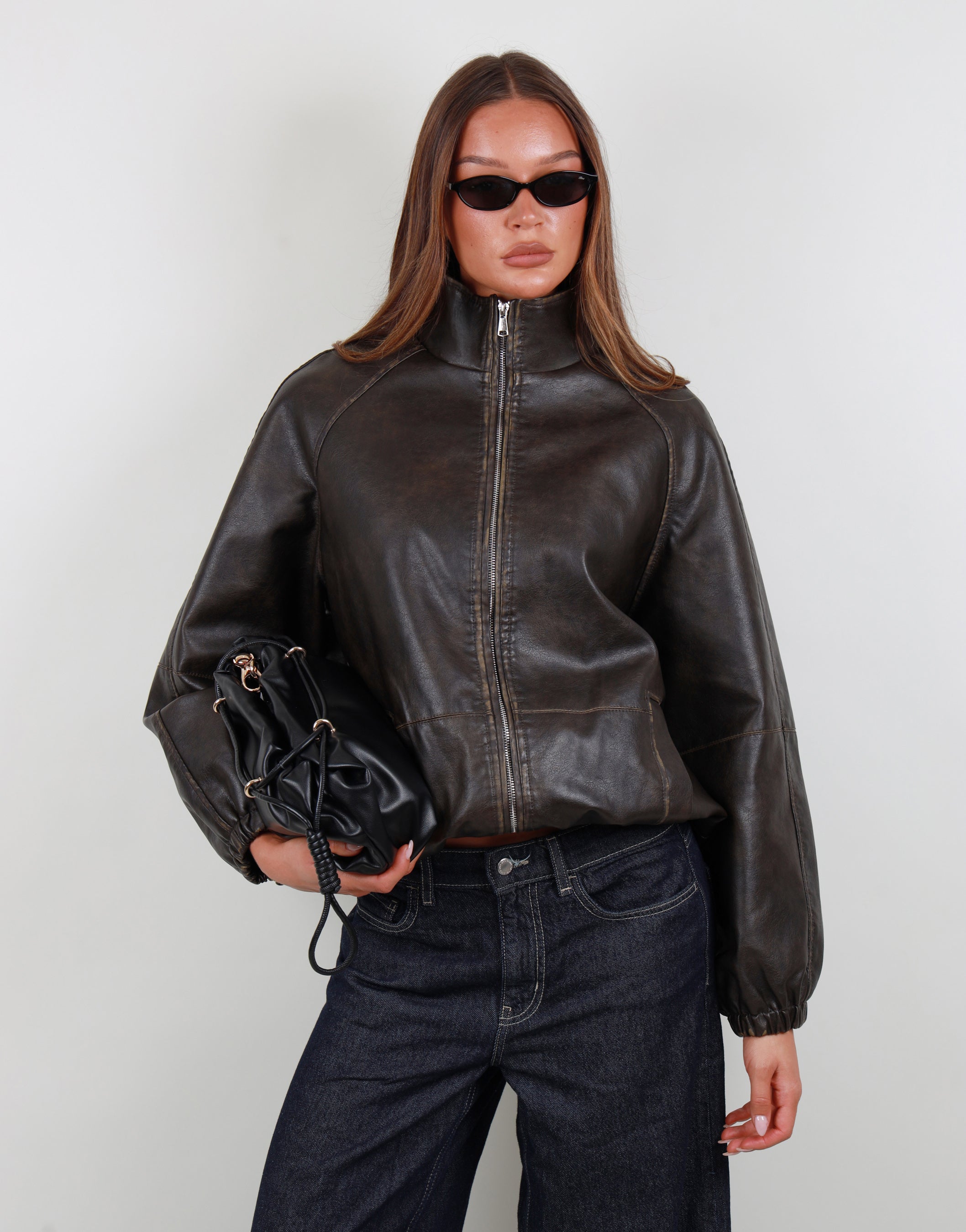 Lyra High Neck Leather Jacket in brown