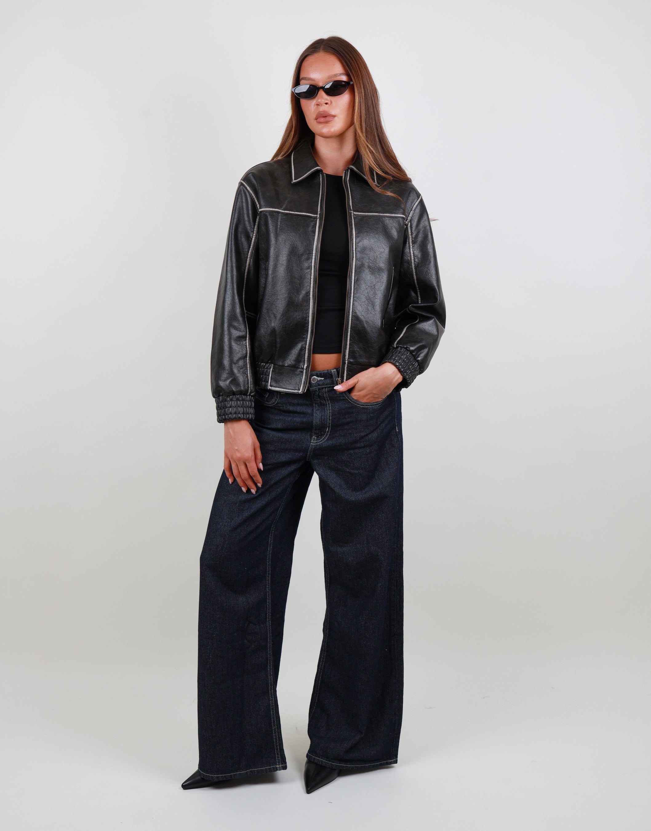Thea Collar Leather Jacket in black