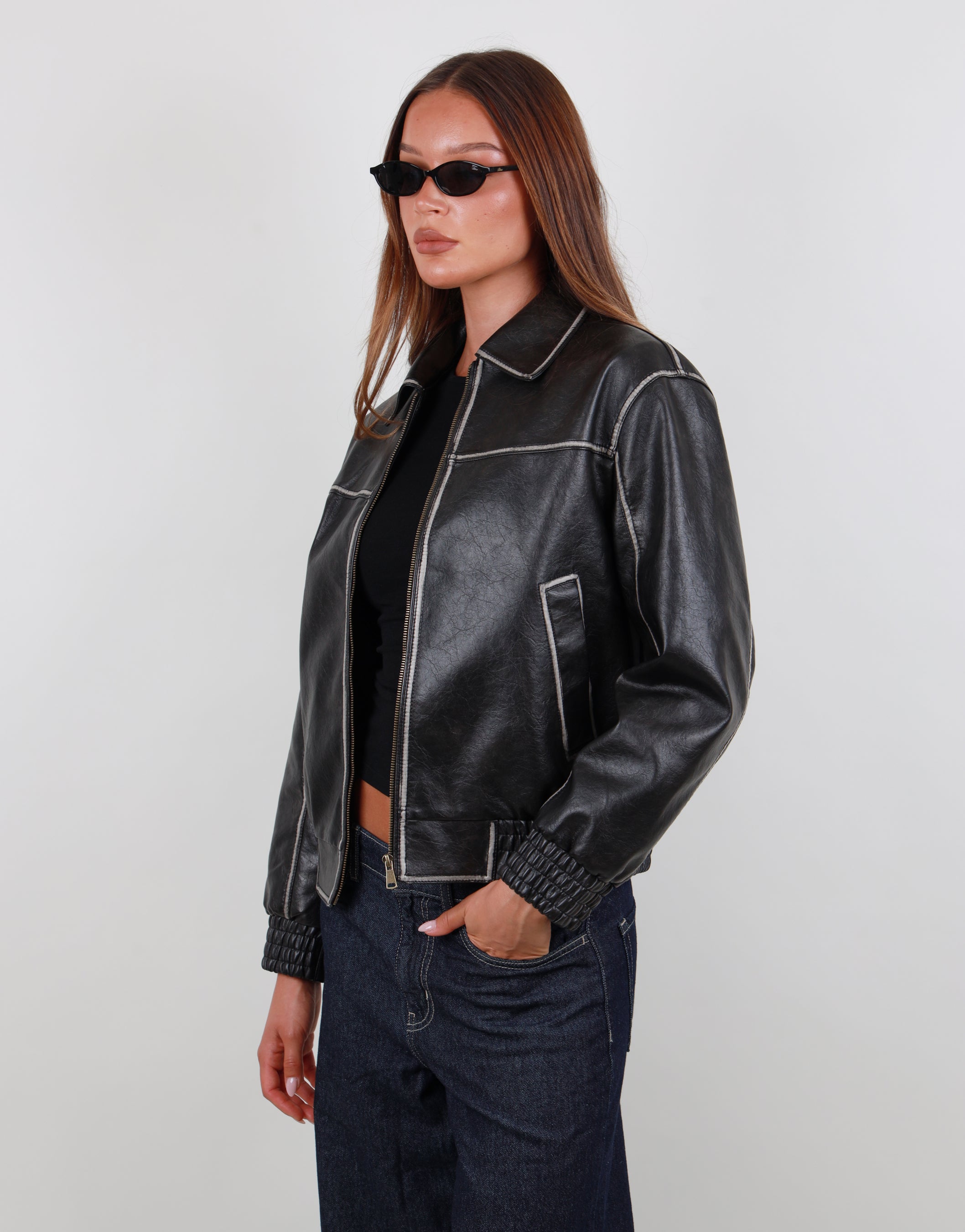 Thea Collar Leather Jacket in black