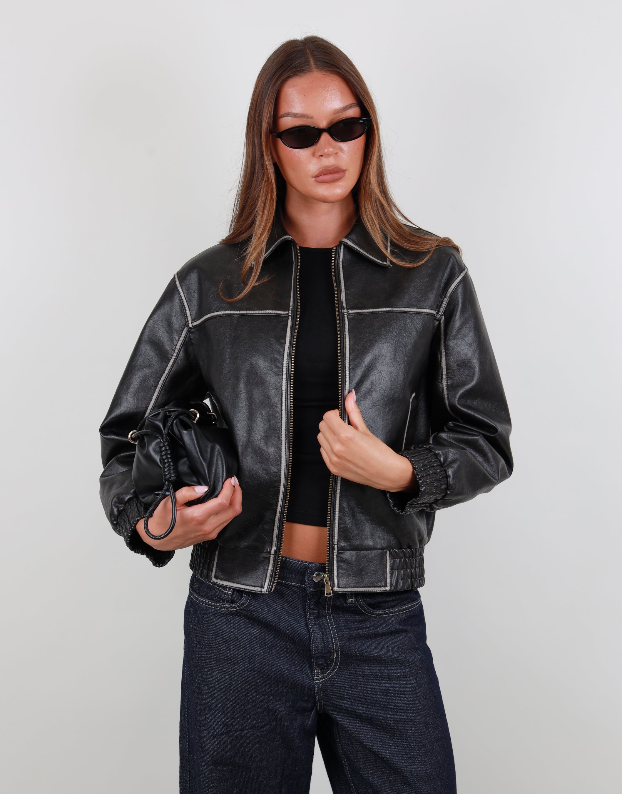 Thea Collar Leather Jacket in black