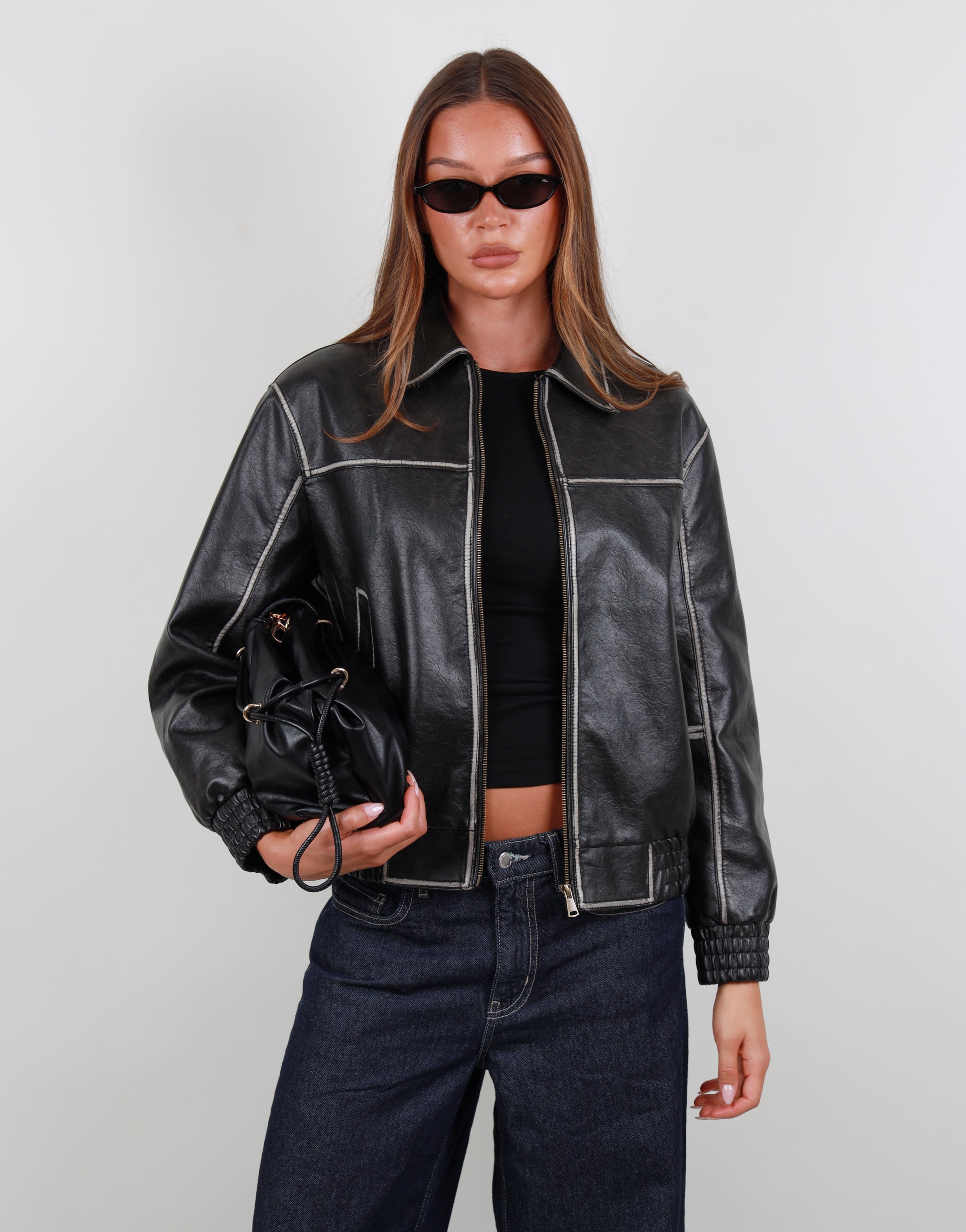 Thea Collar Leather Jacket in black