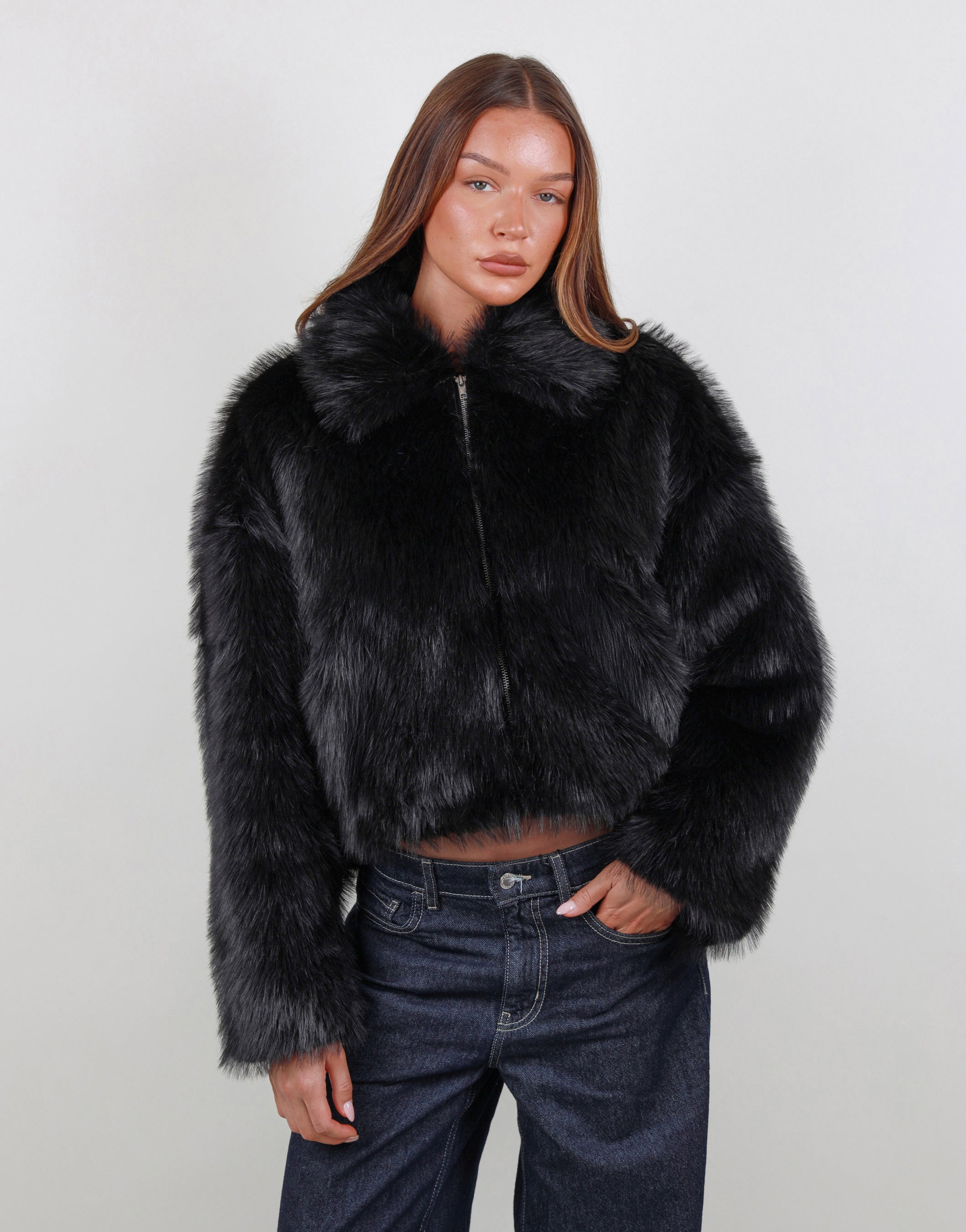 Sara Zip Through Collar Fur Coat in Black | SIMMI London