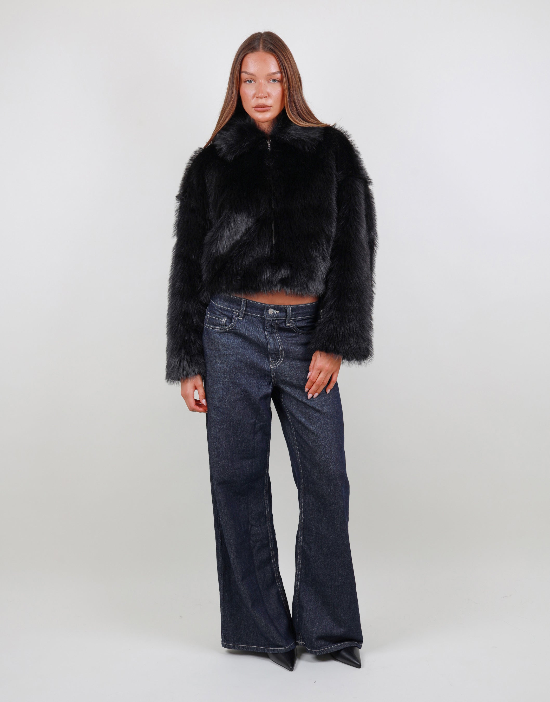 Sara Zip Through Collar Fur Coat in Black | SIMMI London