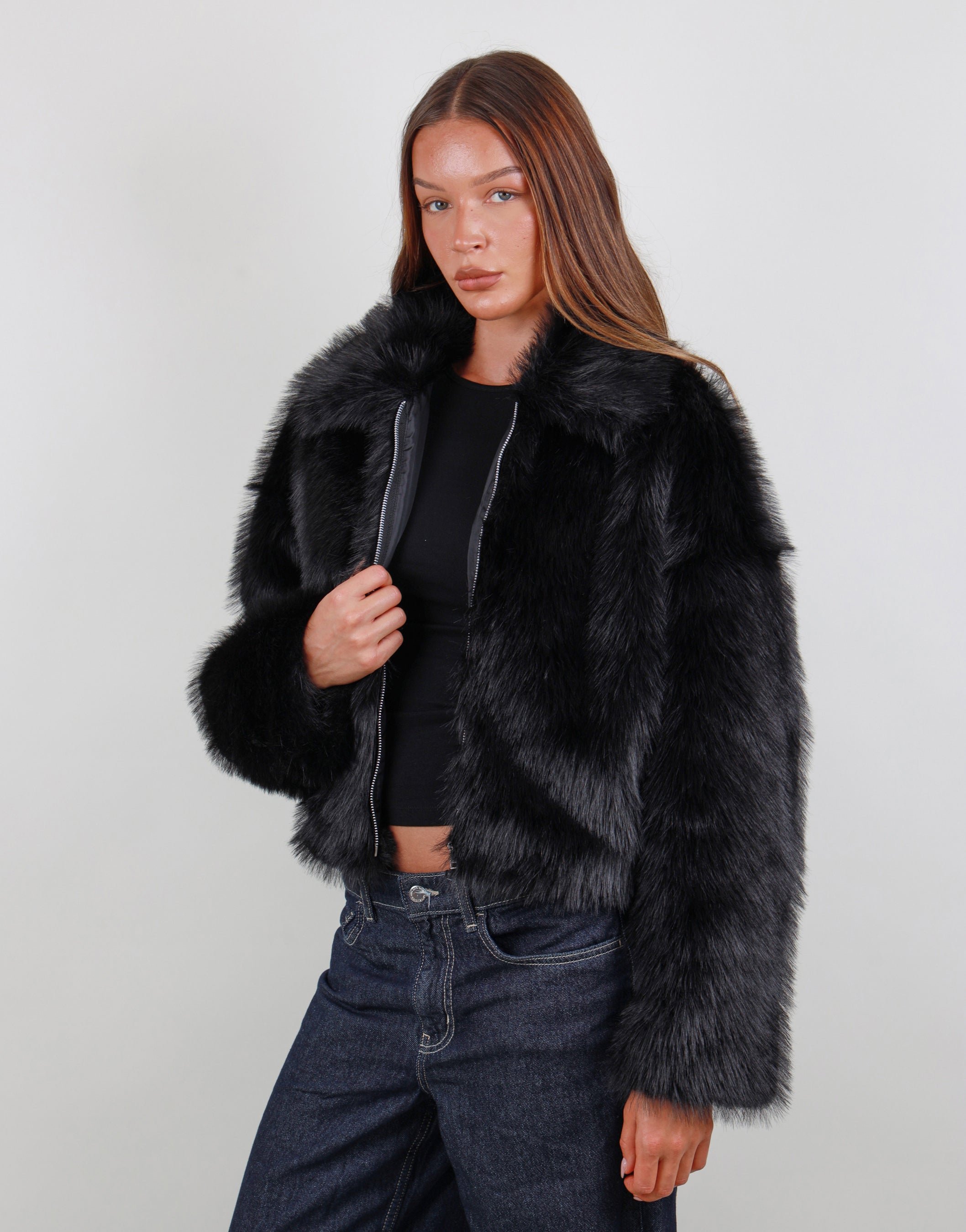 Sara Zip Through Collar Fur Coat in Black | SIMMI London