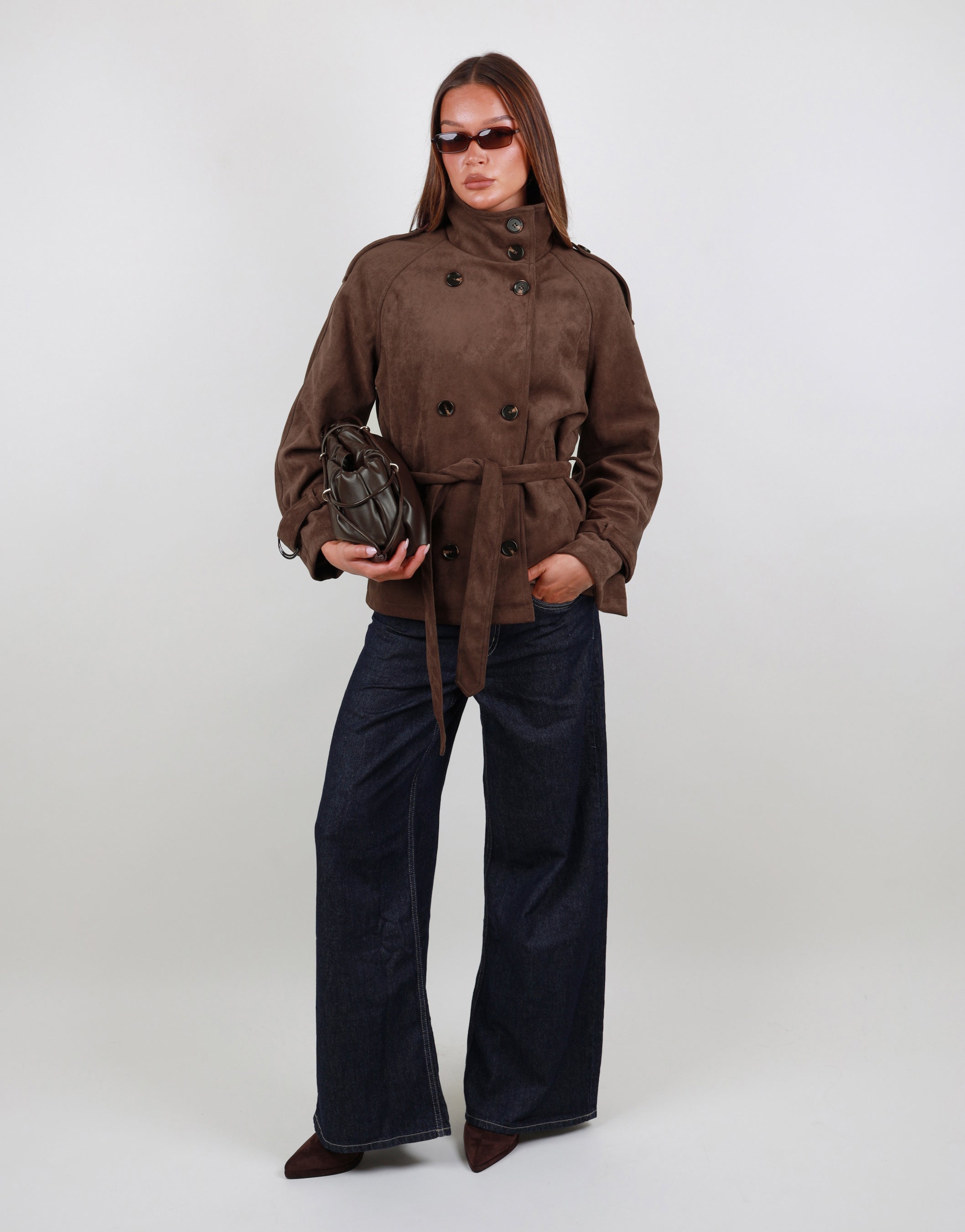 Amber Suede Trench Coat in Brown | SIMMI London