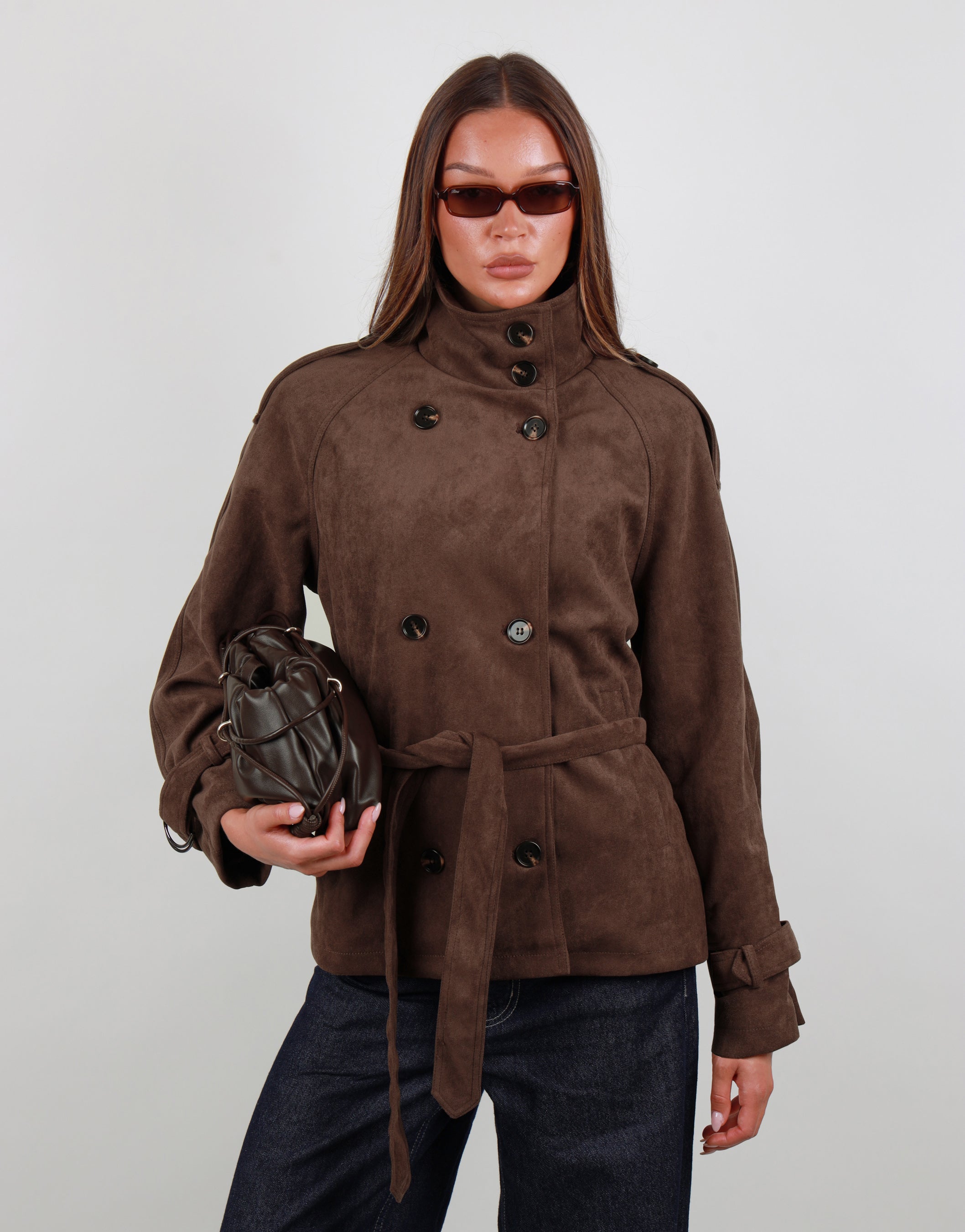 Amber Suede Trench Coat in Brown | SIMMI London