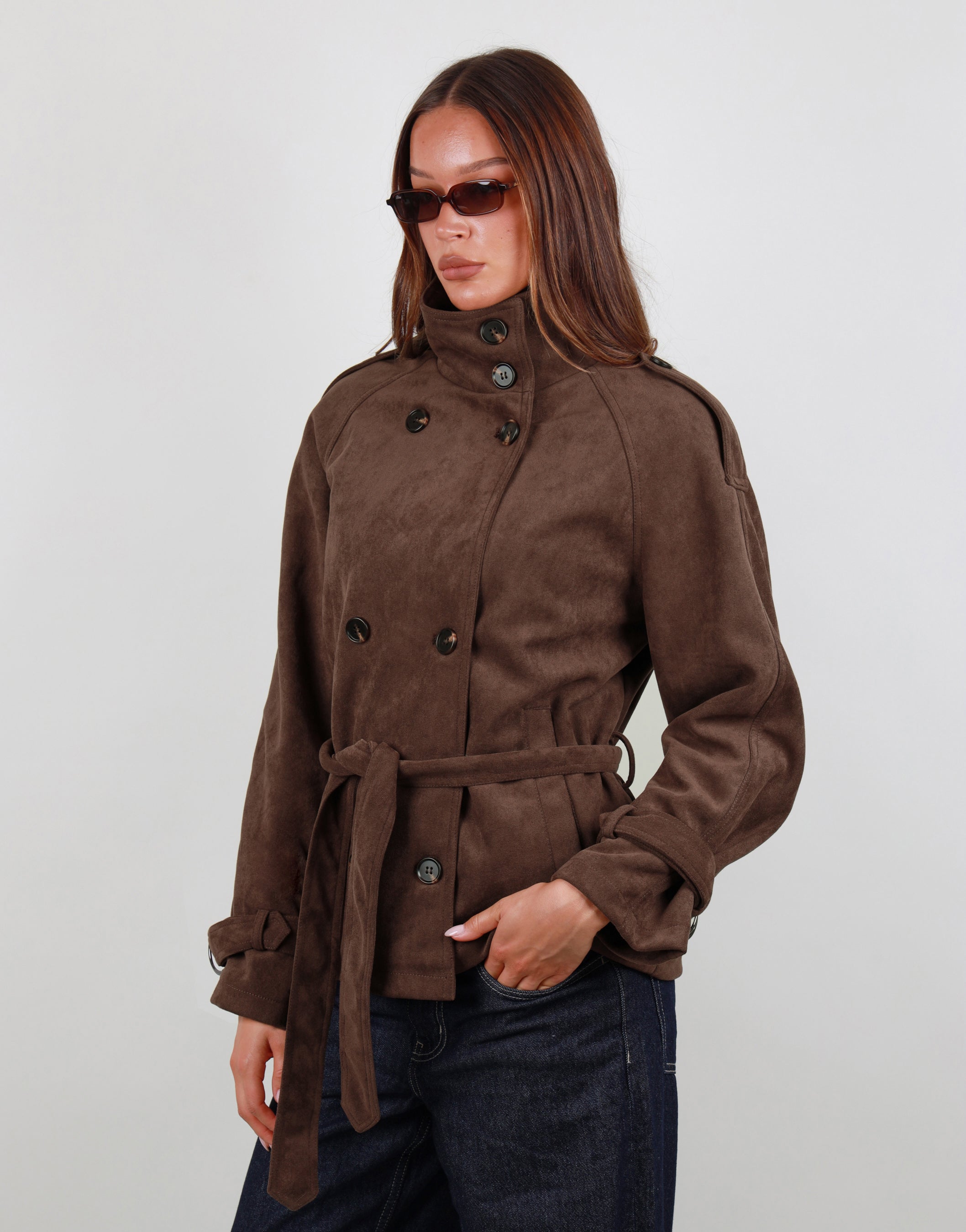 Amber Suede Trench Coat in Brown | SIMMI London