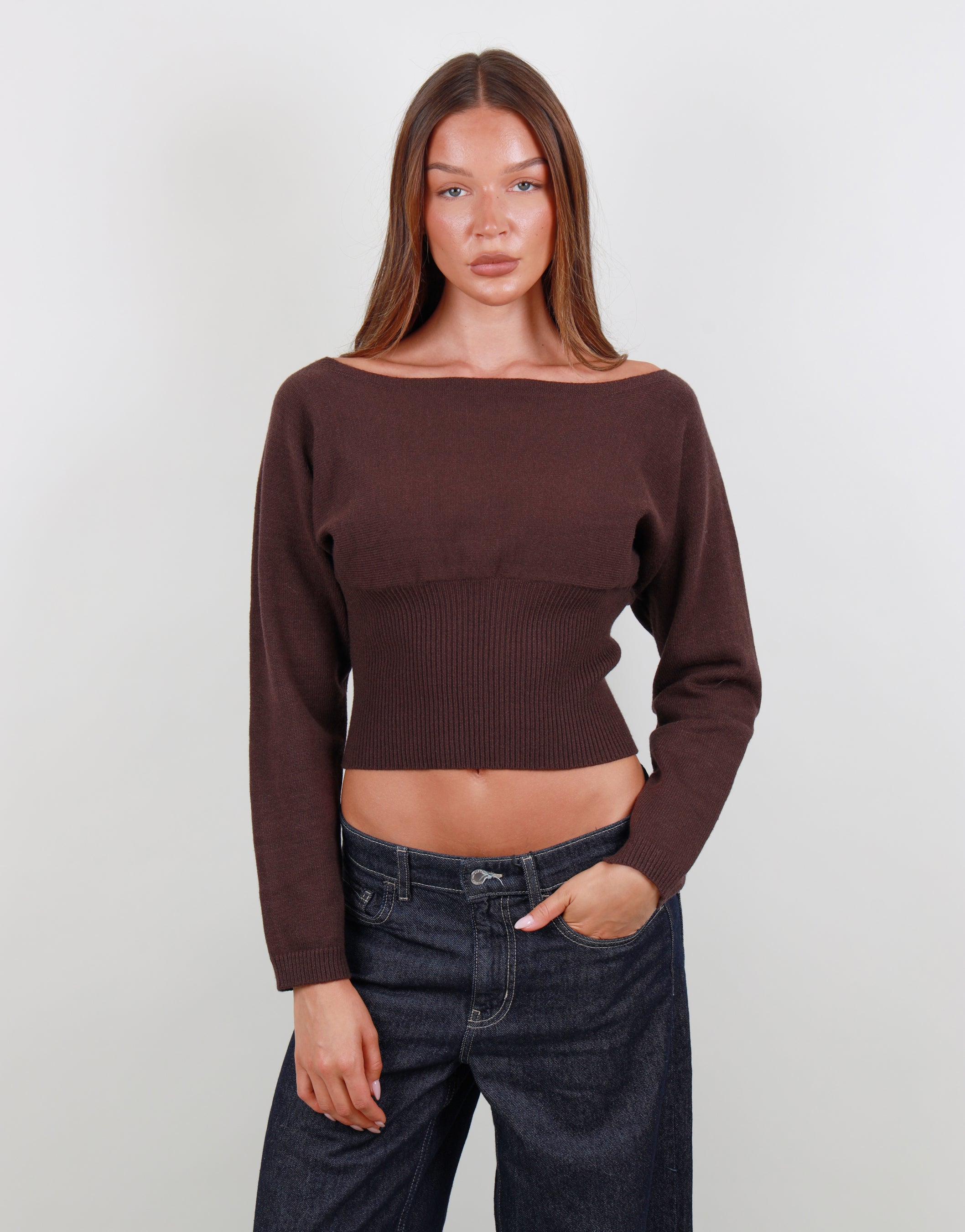 Noelle Boat Neck Knit Top In Brown | SIMMI London