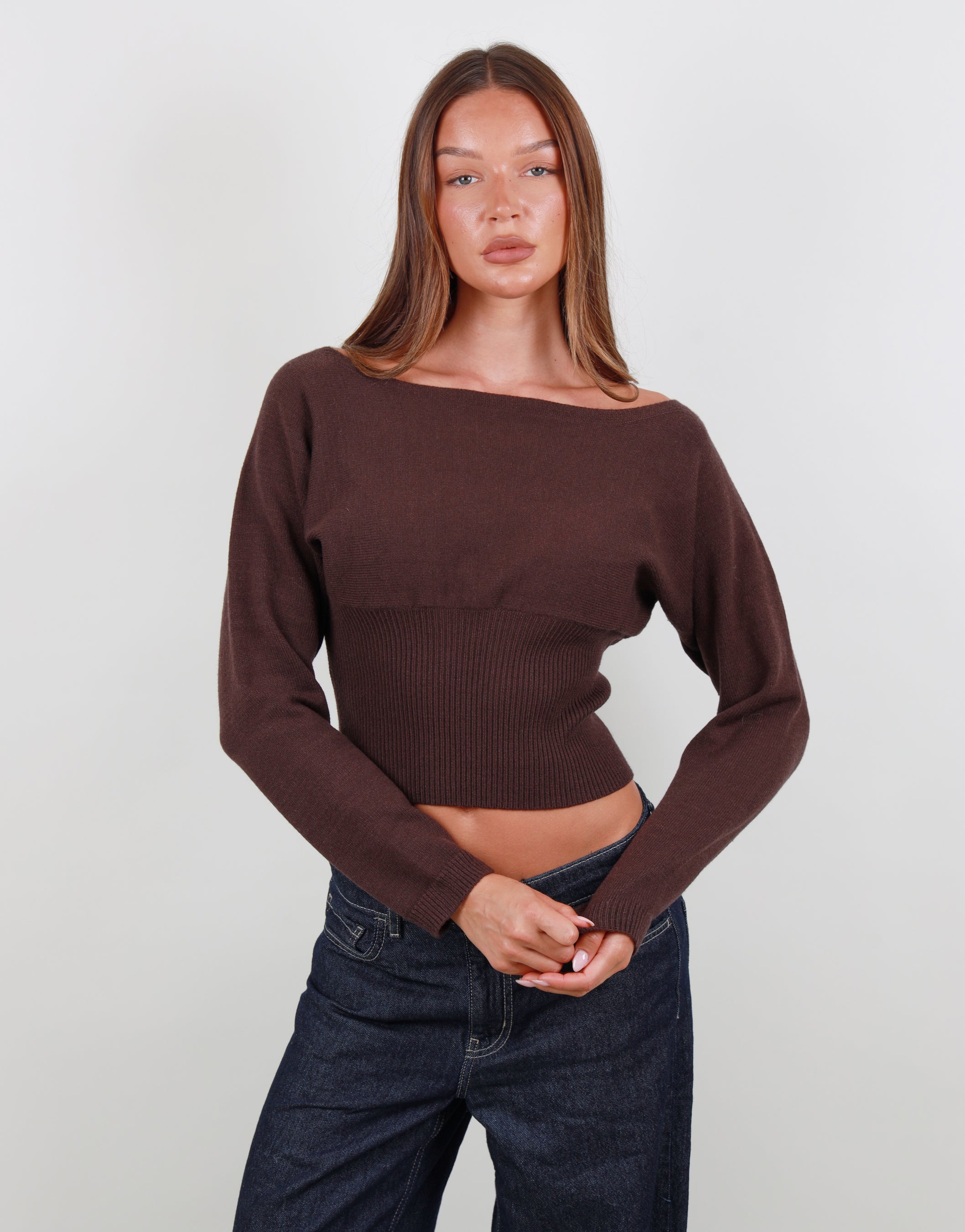 Noelle Boat Neck Knit Top In Brown | SIMMI London