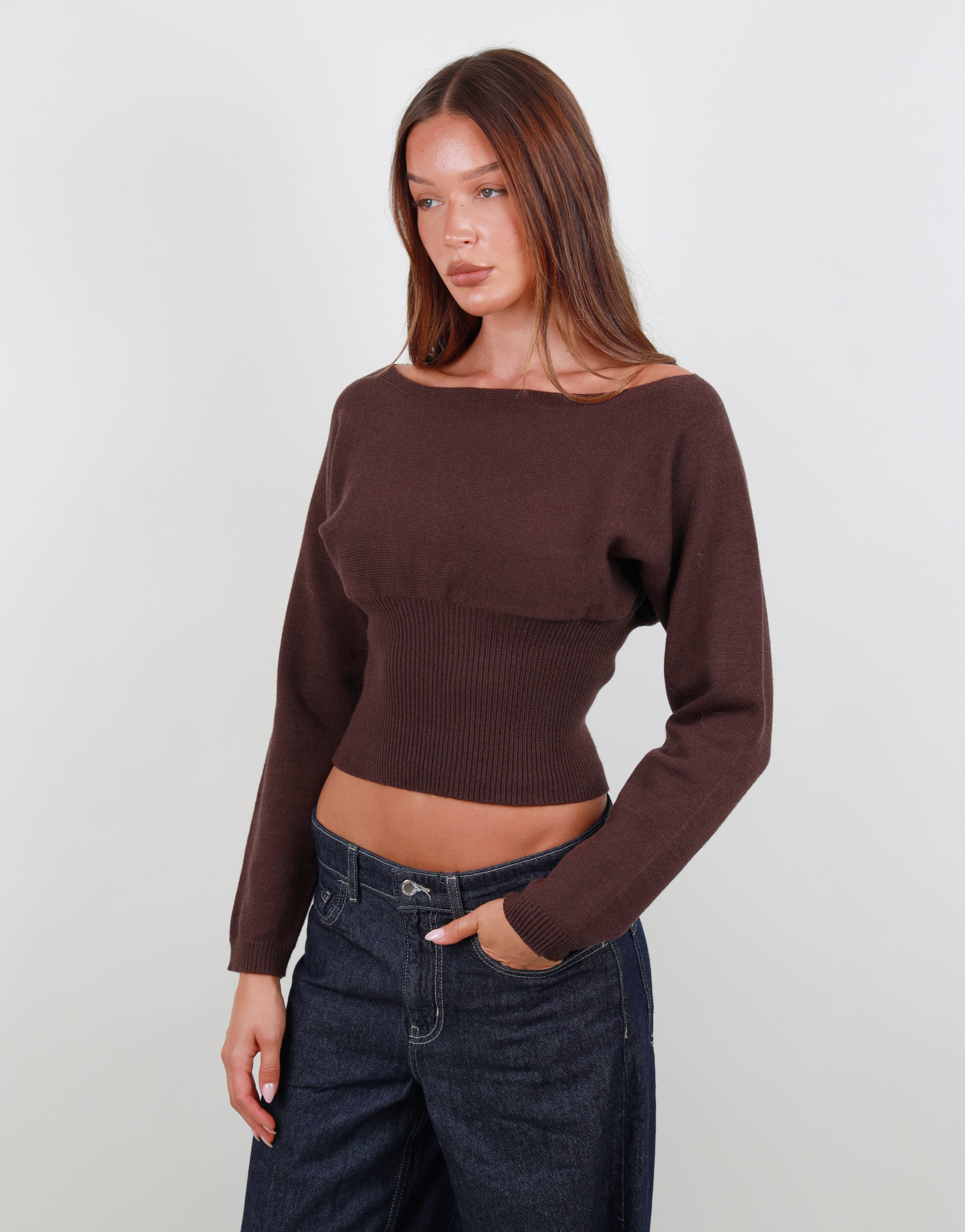 Noelle Boat Neck Knit Top In Brown | SIMMI London