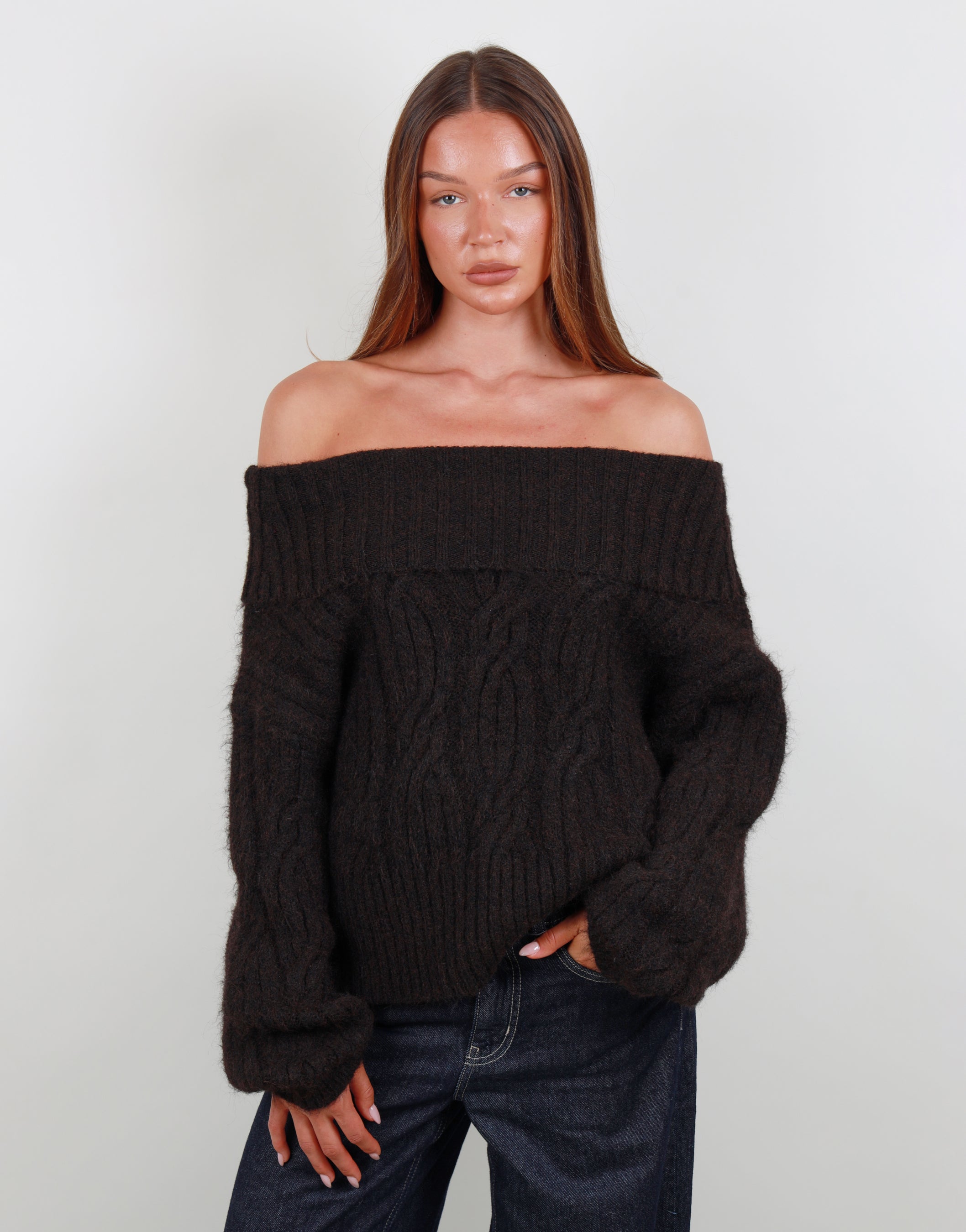 Tallulah Oversized Off shoulder knit top in brown | SIMMI London