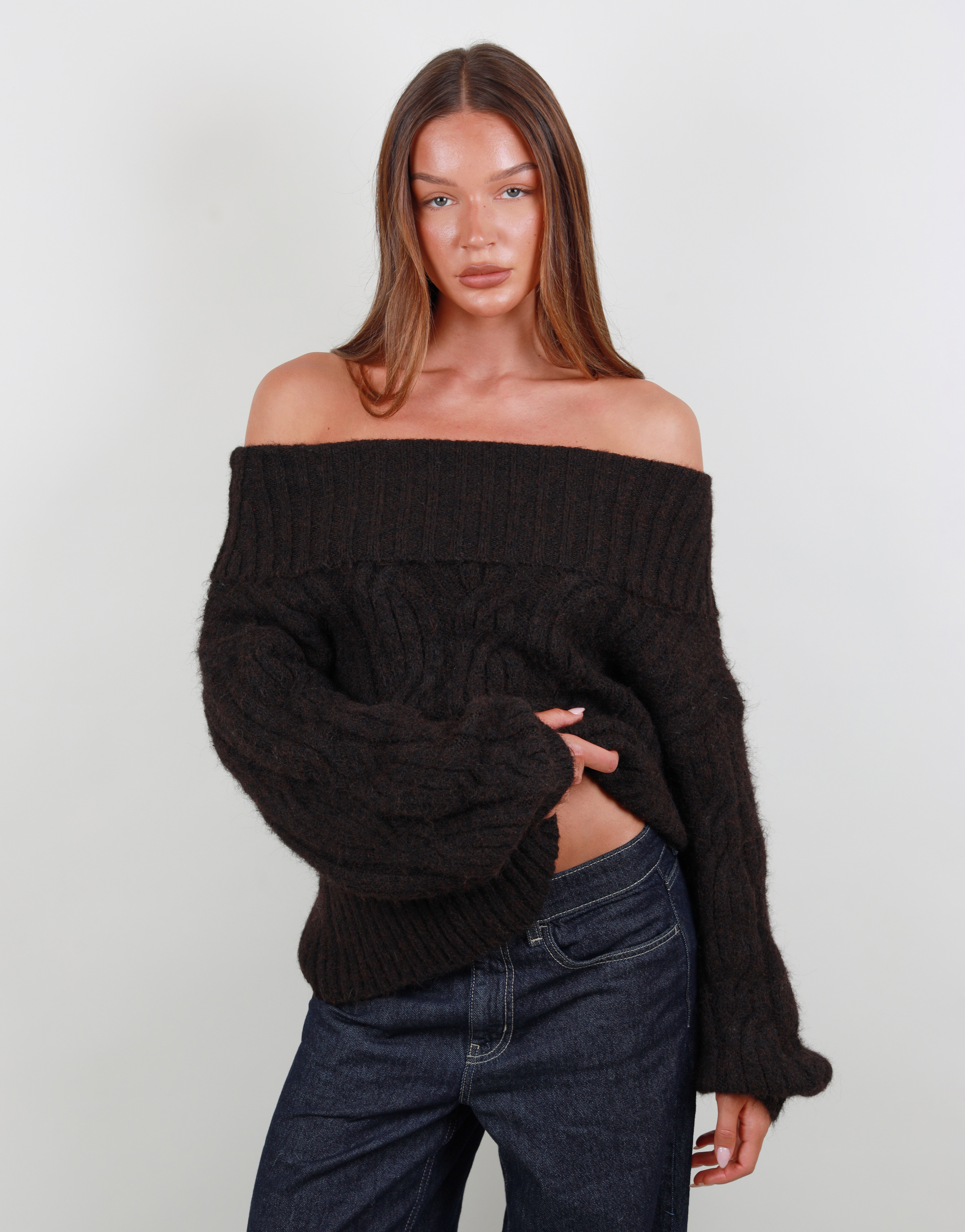 Tallulah Oversized Off shoulder knit top in brown
