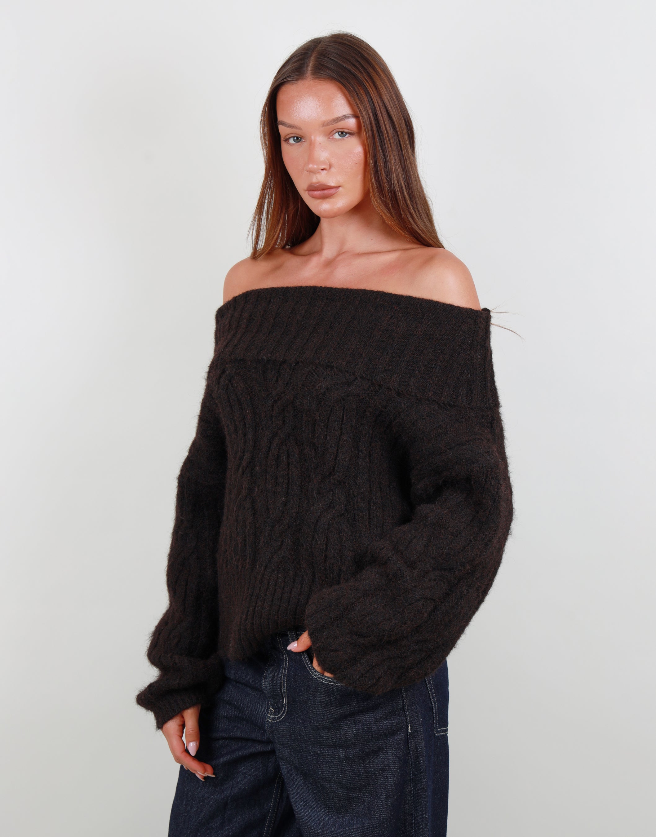 Tallulah Oversized Off shoulder knit top in brown | SIMMI London