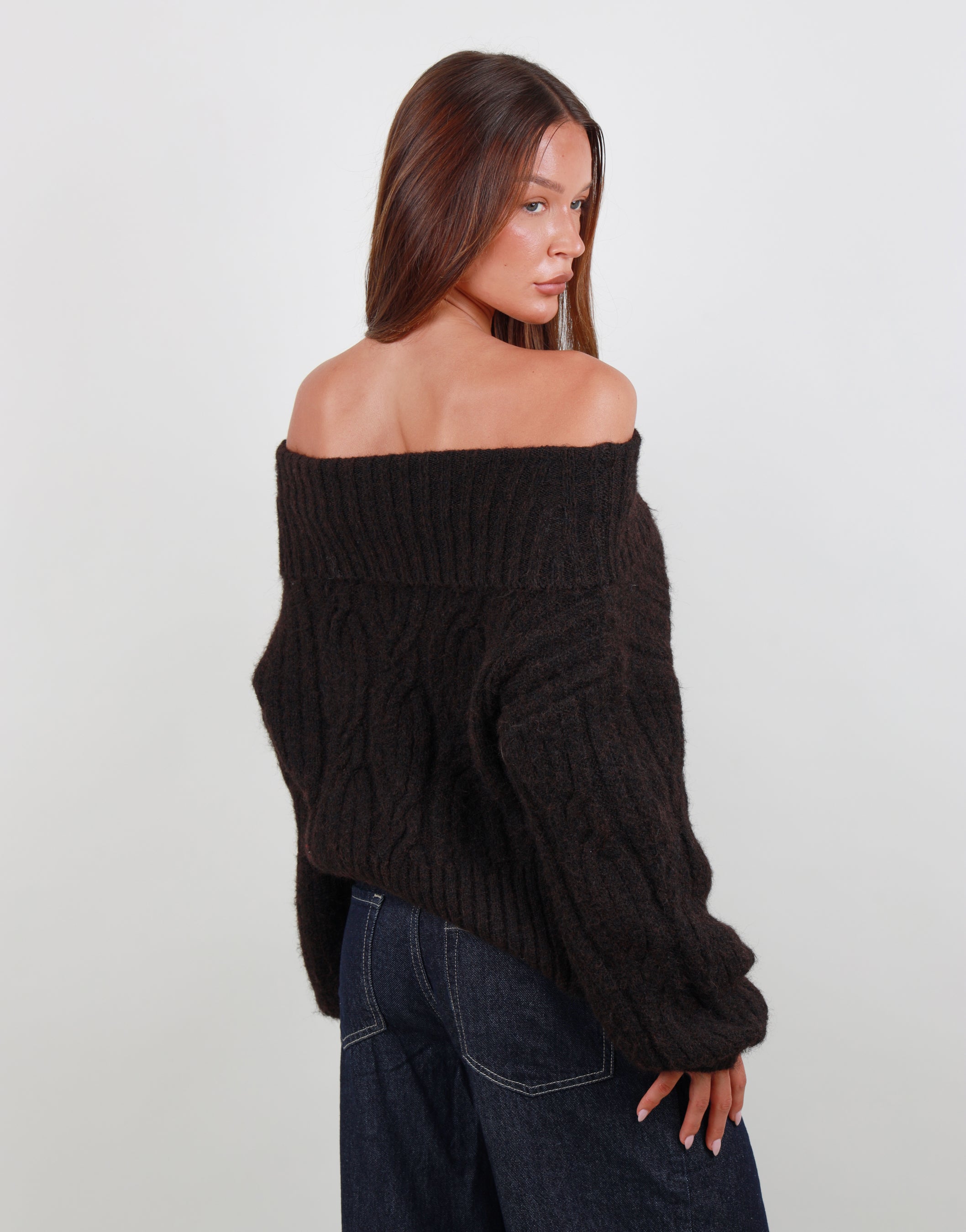 Tallulah Oversized Off shoulder knit top in brown | SIMMI London
