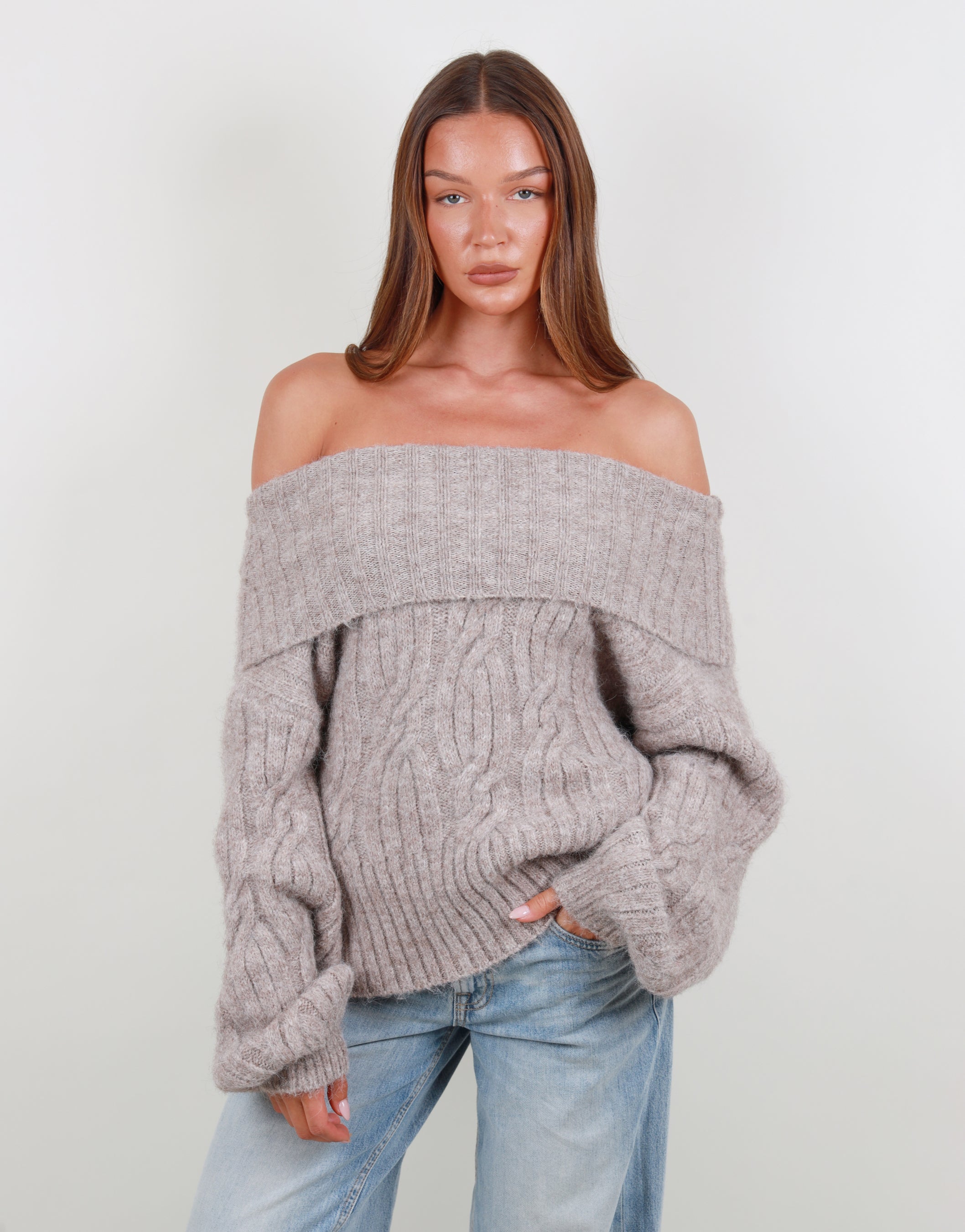 Tallulah Oversized Off Shoulder Top In Mocha | SIMMI London