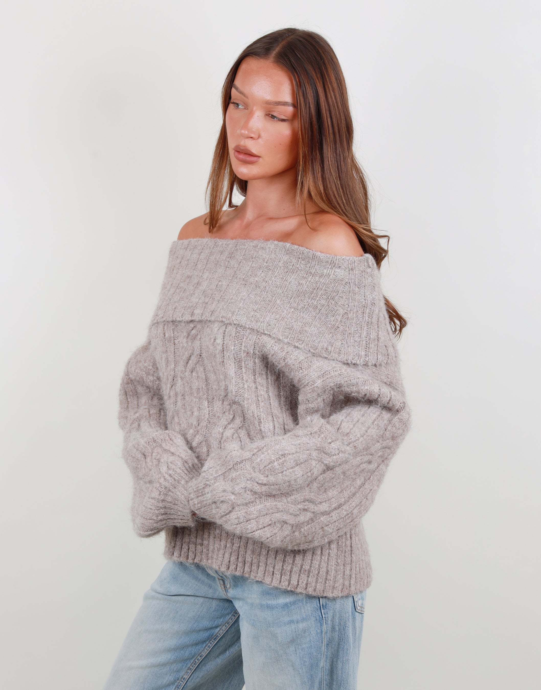 Tallulah Oversized Off Shoulder Top In Mocha | SIMMI London